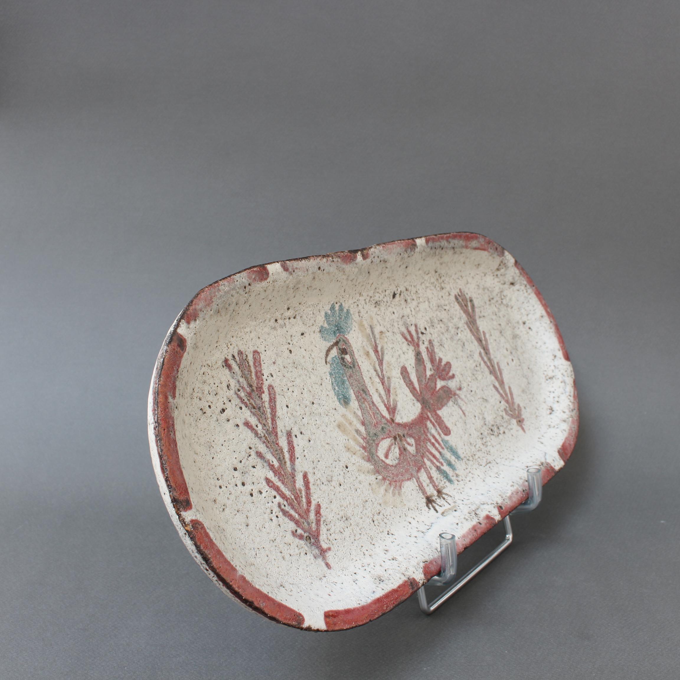 Hand-Painted Vintage French Ceramic Tray with Rooster Motif by Le Mûrier 'circa 1960s' For Sale