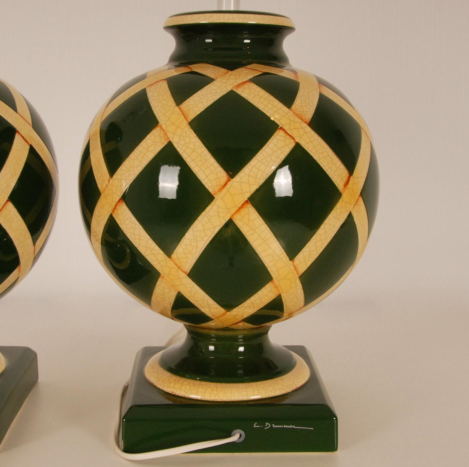 Vintage French Ceramic Vase Table Lamps Green Beige Argyle Pattern, a Pair For Sale 4