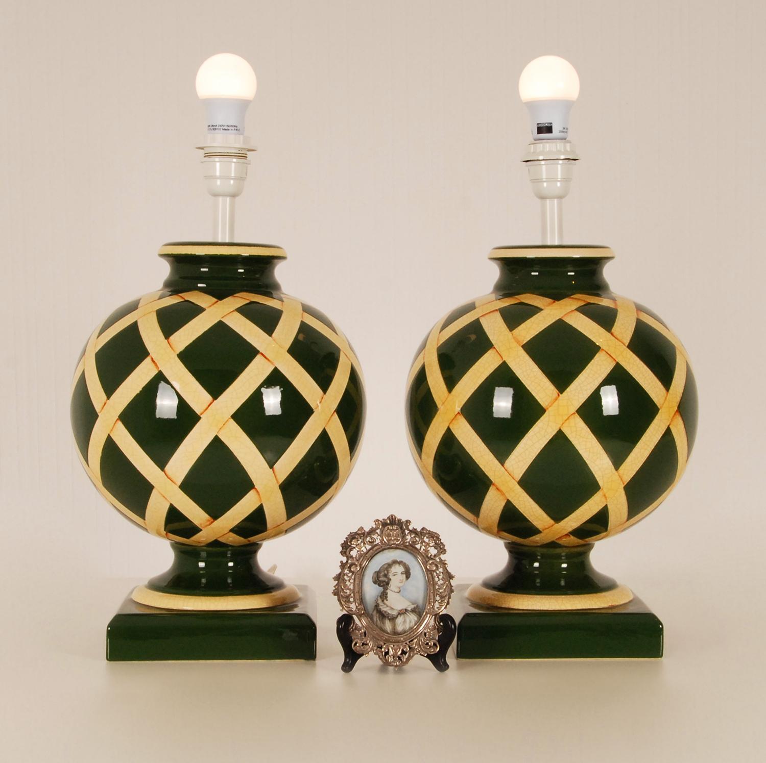 Mid-Century Modern Vintage French Ceramic Vase Table Lamps Green Beige Argyle Pattern, a Pair For Sale