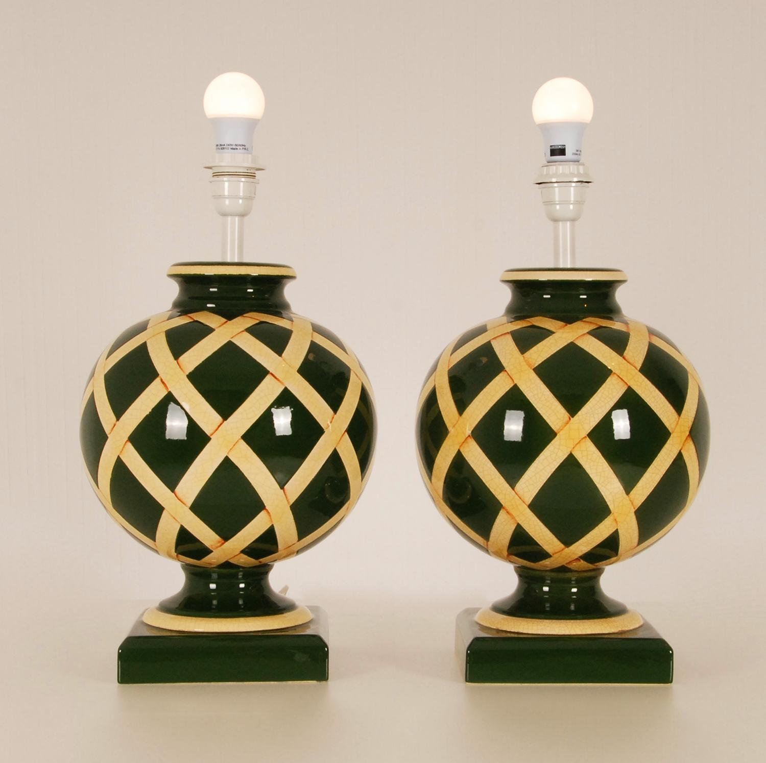 Hand-Crafted Vintage French Ceramic Vase Table Lamps Green Beige Argyle Pattern, a Pair For Sale