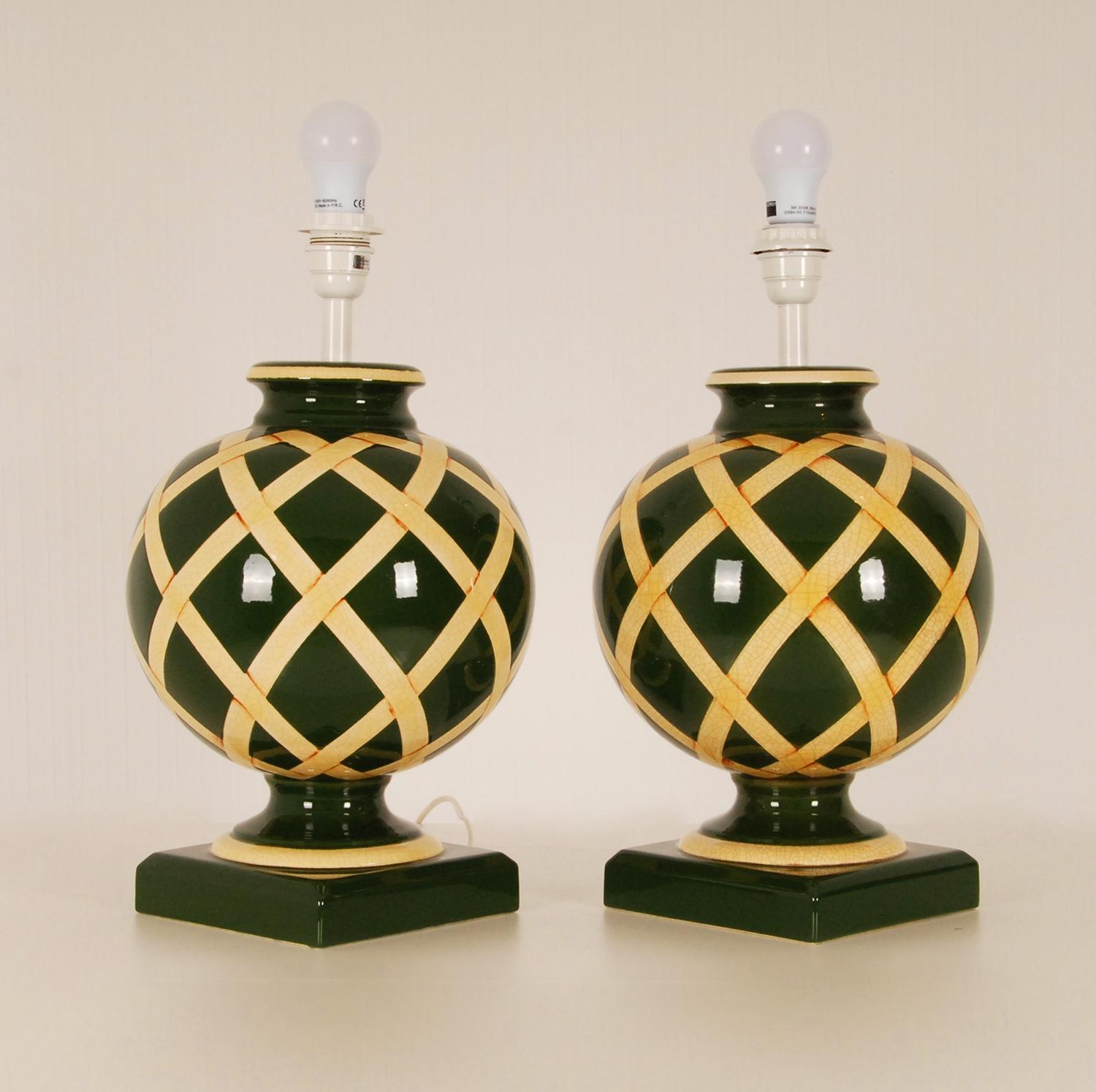 Late 20th Century Vintage French Ceramic Vase Table Lamps Green Beige Argyle Pattern, a Pair For Sale