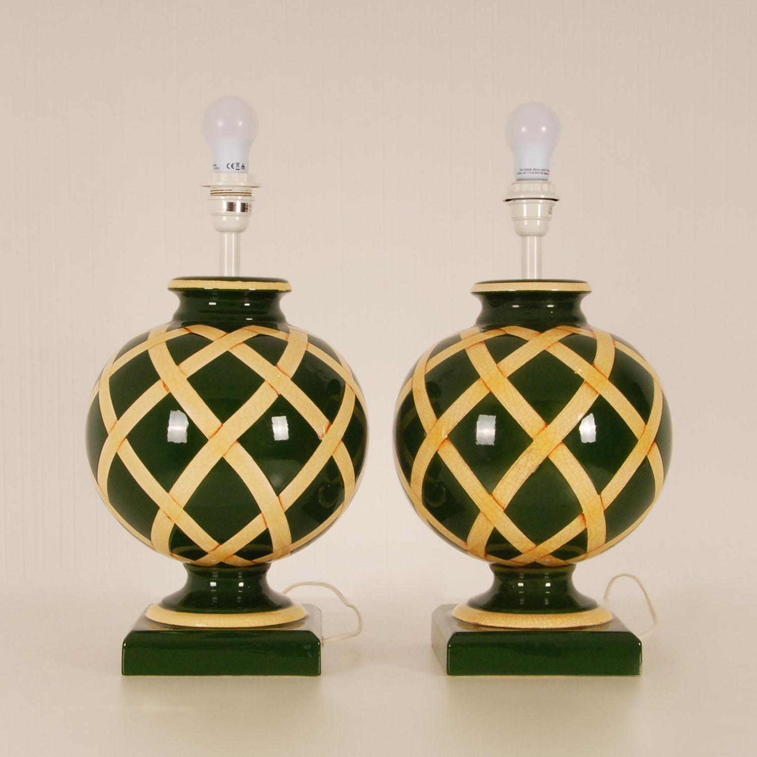 Vintage French Ceramic Vase Table Lamps Green Beige Argyle Pattern, a Pair For Sale 1
