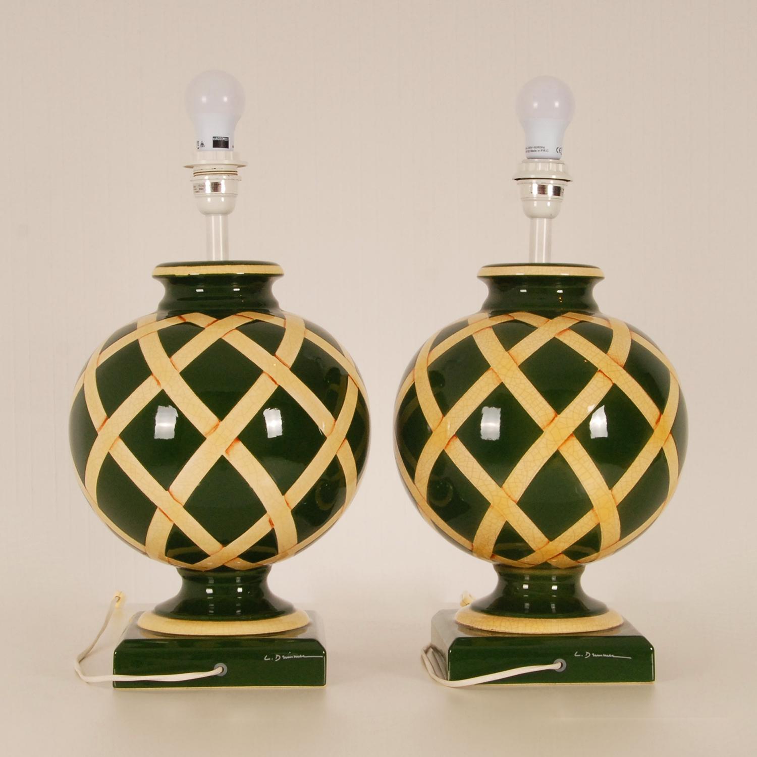 Vintage French Ceramic Vase Table Lamps Green Beige Argyle Pattern, a Pair For Sale 2