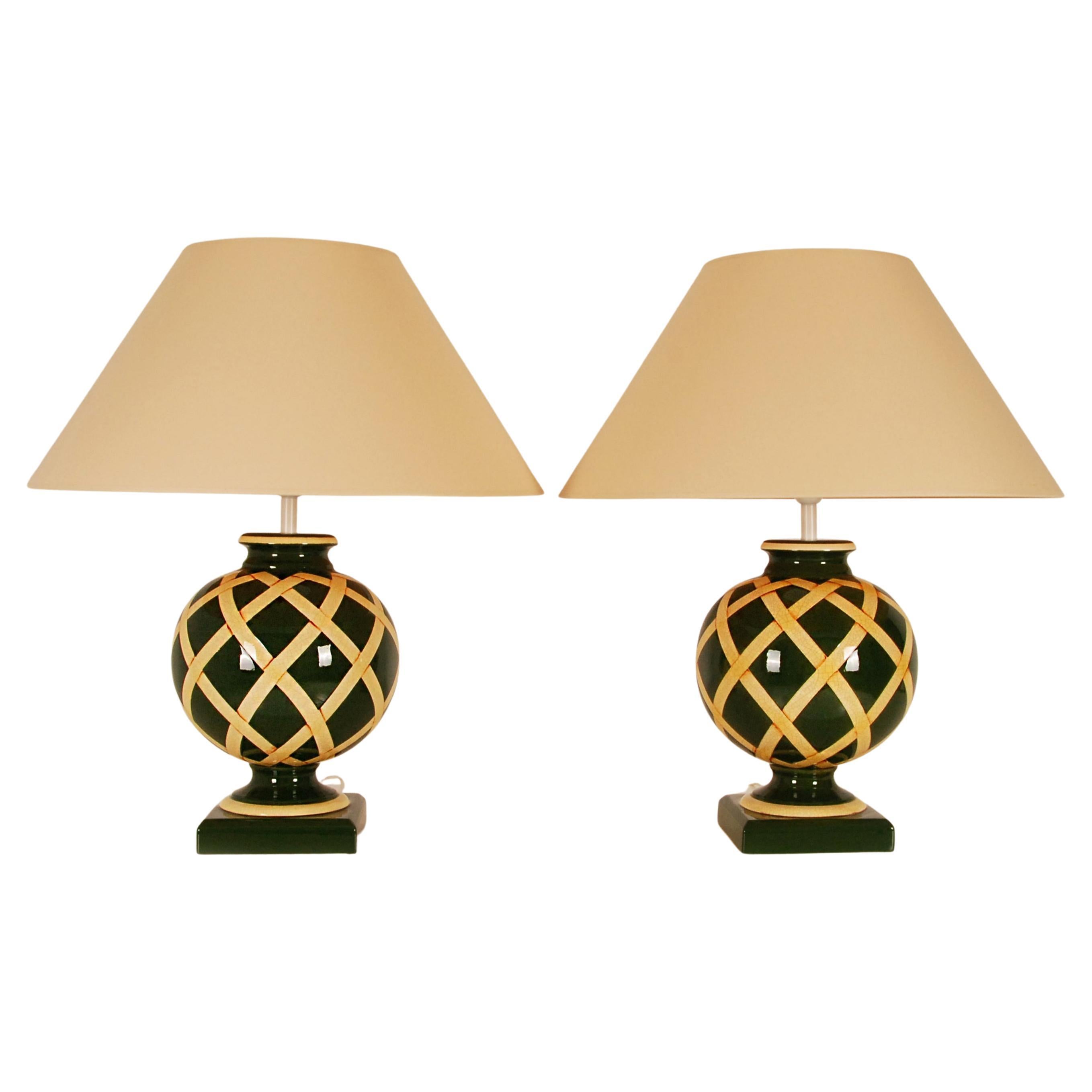 Vintage French Ceramic Vase Table Lamps Green Beige Argyle Pattern, a Pair For Sale