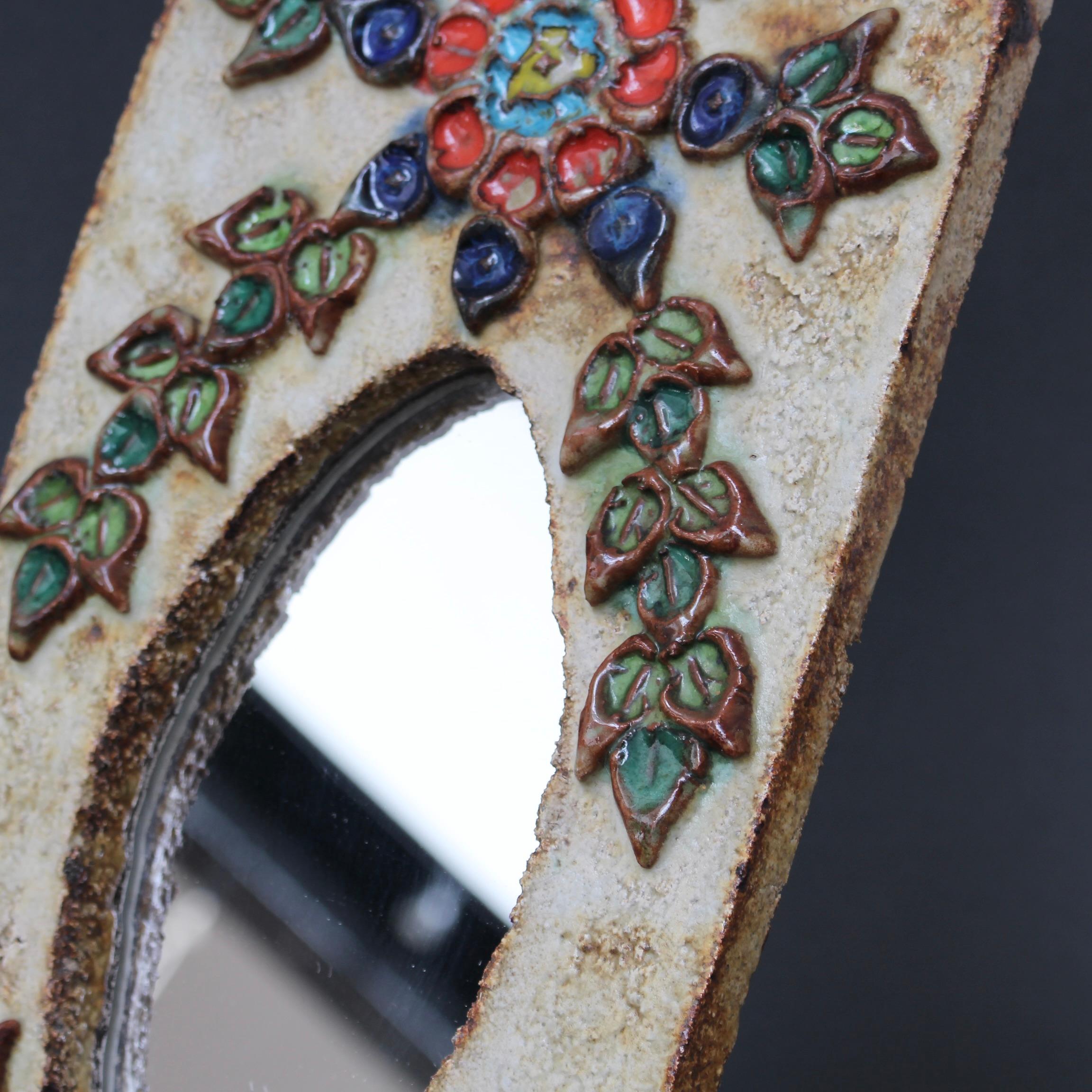 Vintage French Ceramic Wall Mirror with Flower Motif by La Roue, 'circa 1960s' For Sale 6