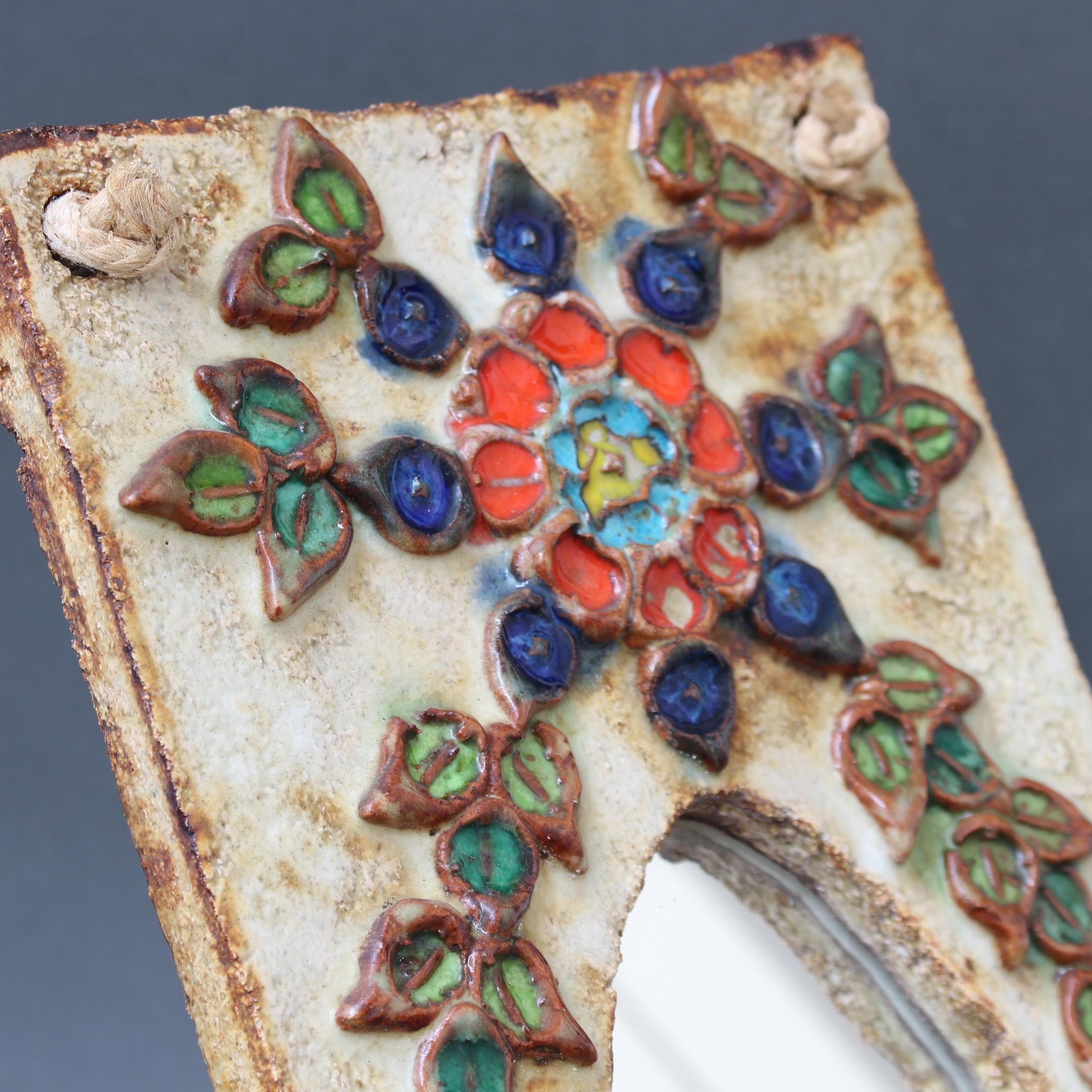 Vintage French Ceramic Wall Mirror with Flower Motif by La Roue, 'circa 1960s' For Sale 2