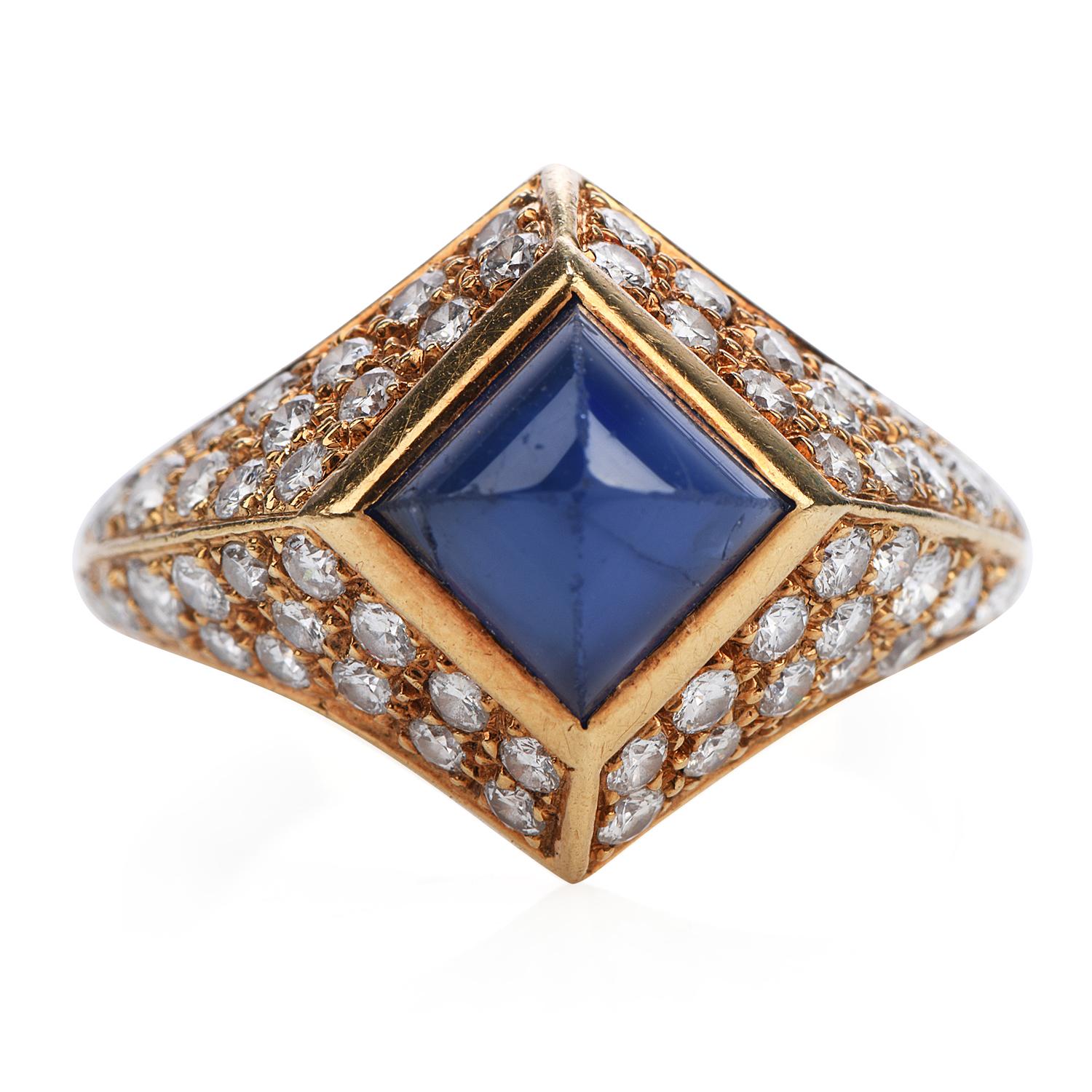 Shine brightly with this French-made vivid Vintage Burma natural sapphire Diamond 18K Gold pave Ring!  This ring had 1 scintillating Genuine Natural No heat Suger loaf shapesapphire with Burma origin and AGL lab Report, bezel-set Weighing approx.