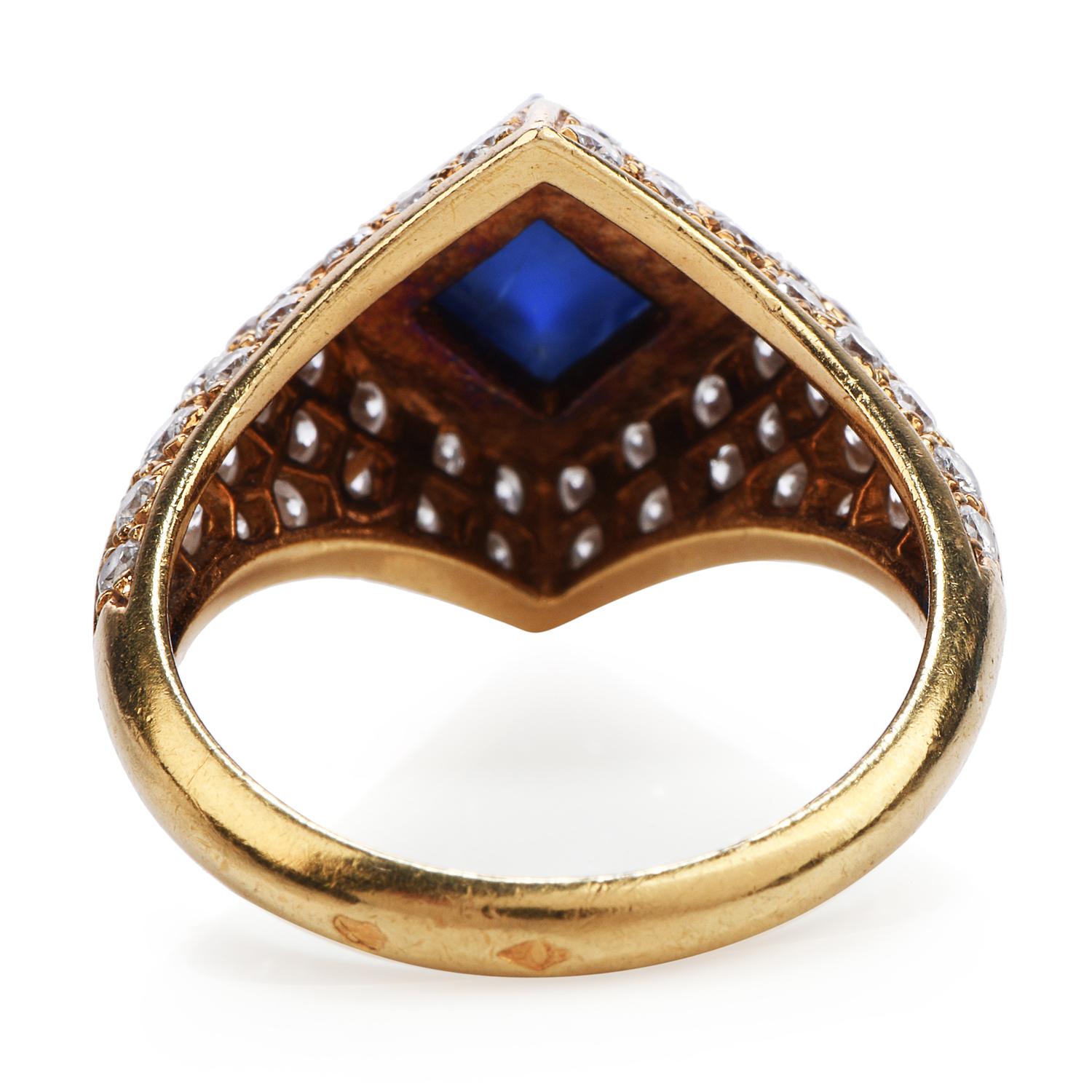 Sugarloaf Cabochon Vintage French Certified Burma Natural No-Heat Sapphire Diamond Ring For Sale