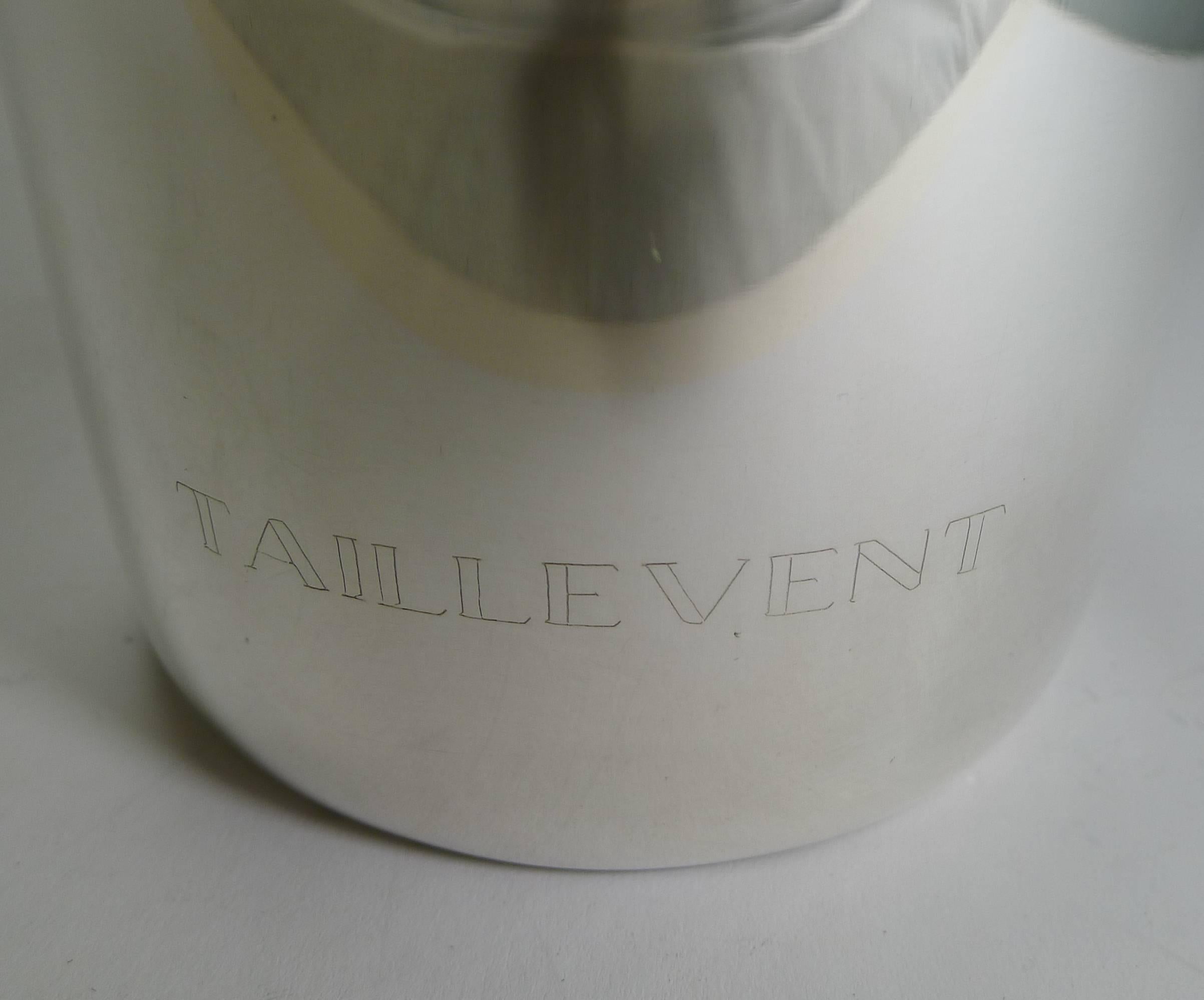 A magnificent and showy vintage silver plated champagne jacket from the world famous Taillevent restaurant in Paris opened in 1946 by André Vrinat in Paris’ 9th district.

This example has a removable gilded 