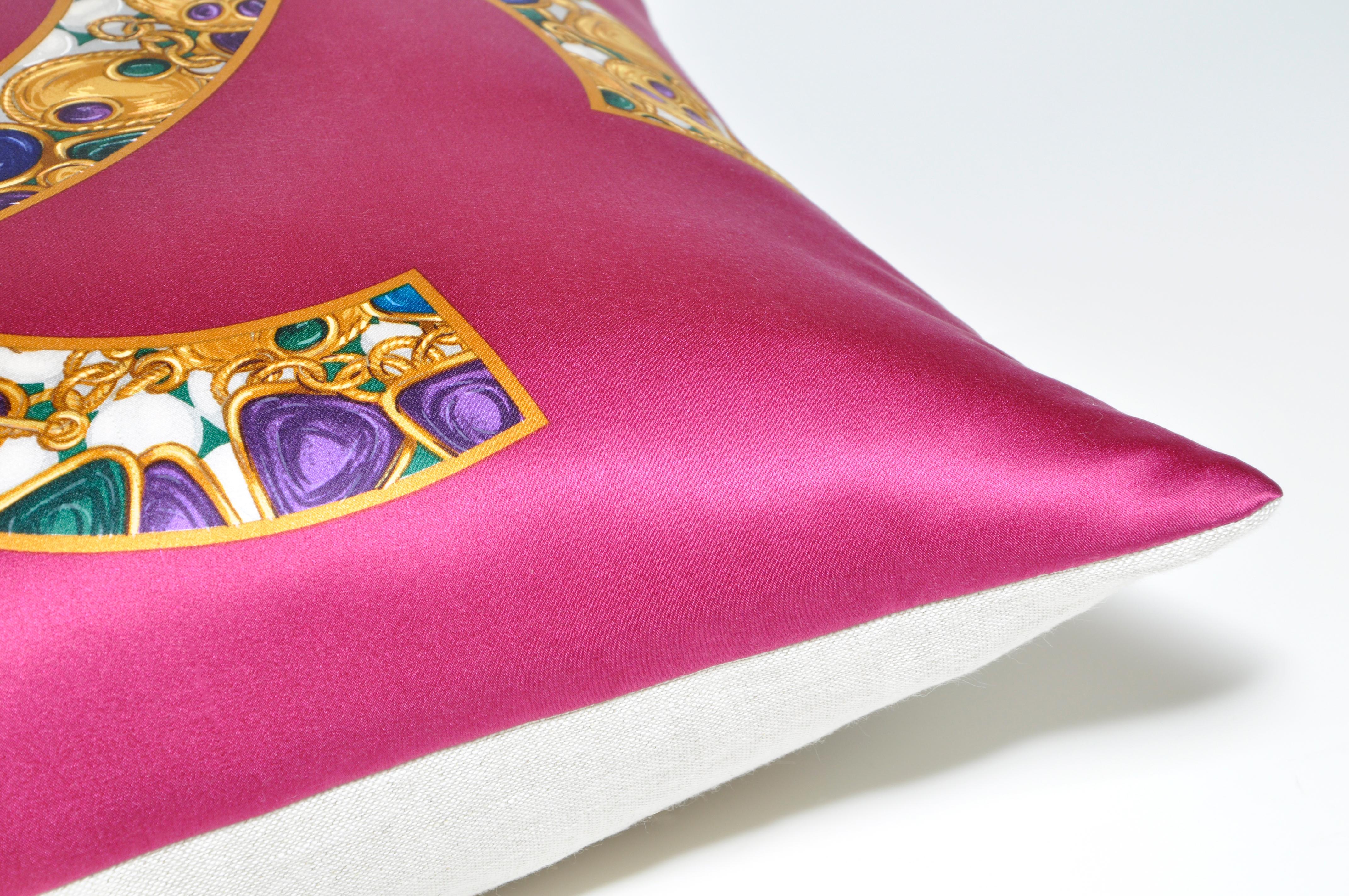 Contemporary Vintage French Chanel Silk Fabric with Jewels Pillow and Irish Linen Cushion