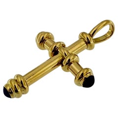 Croce Chapiteau francese d'epoca in oro giallo 18 carati con lapislazzuli cabochon