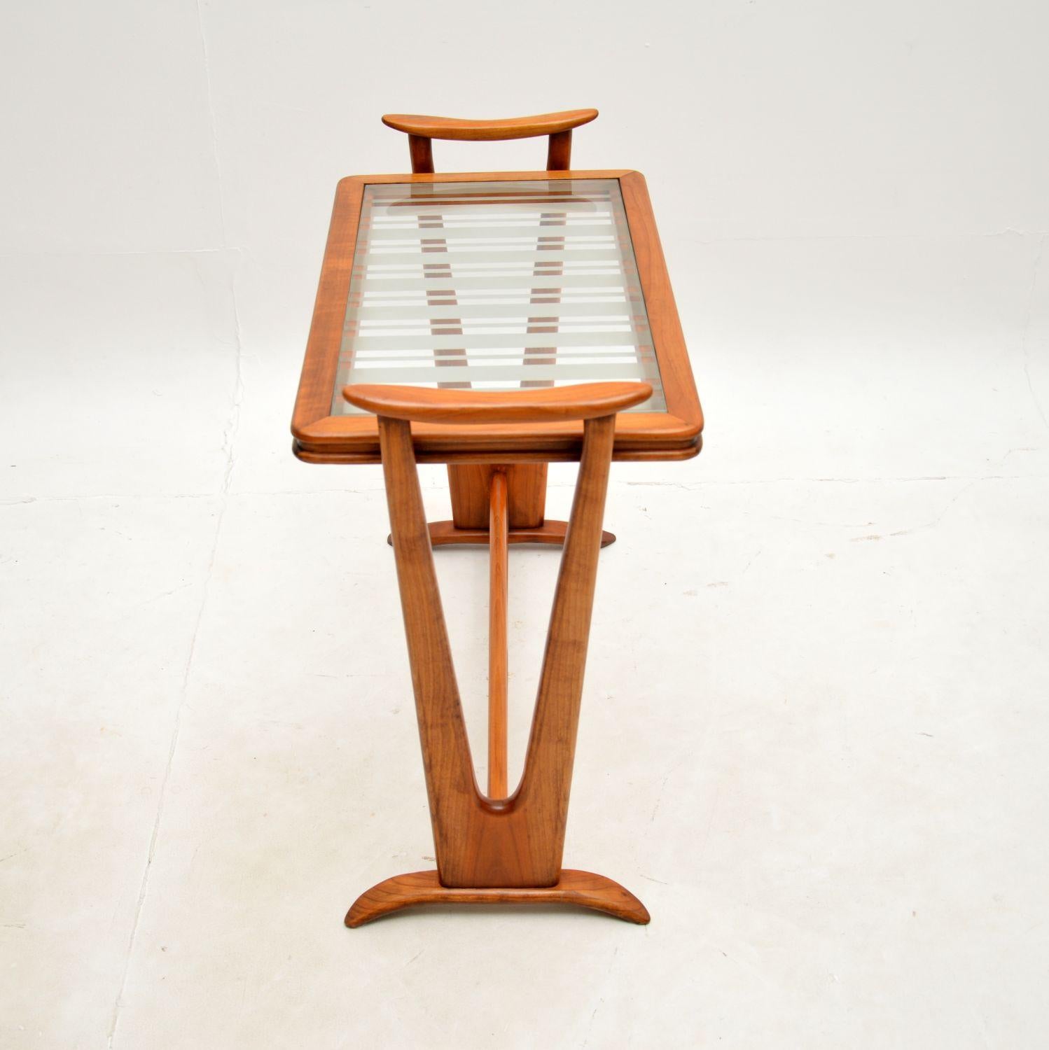 Vintage French Cherry Wood Glass Top Side Table In Good Condition For Sale In London, GB