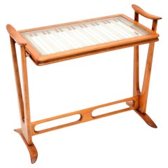Vintage French Cherry Wood Glass Top Side Table