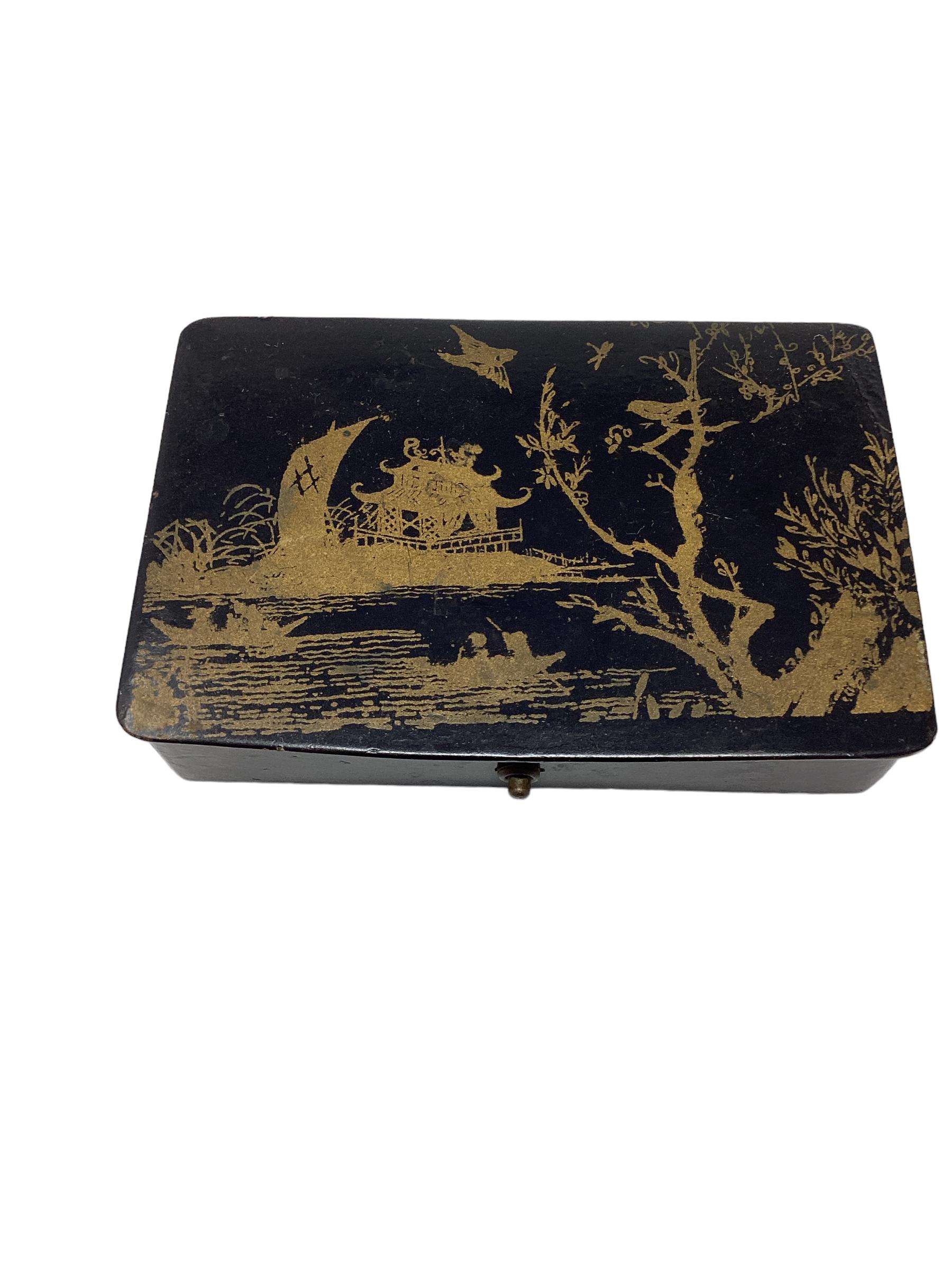 Vintage French Chinoiserie Lacquer Box, with gold decoration. This type of box would have held cigarettes or trinkets. Stamped 