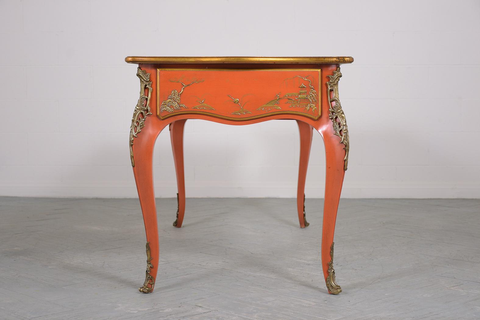 1970s Chinoiserie-Style Walnut Desk with Engraved Leather Top & Brass Accents For Sale 2