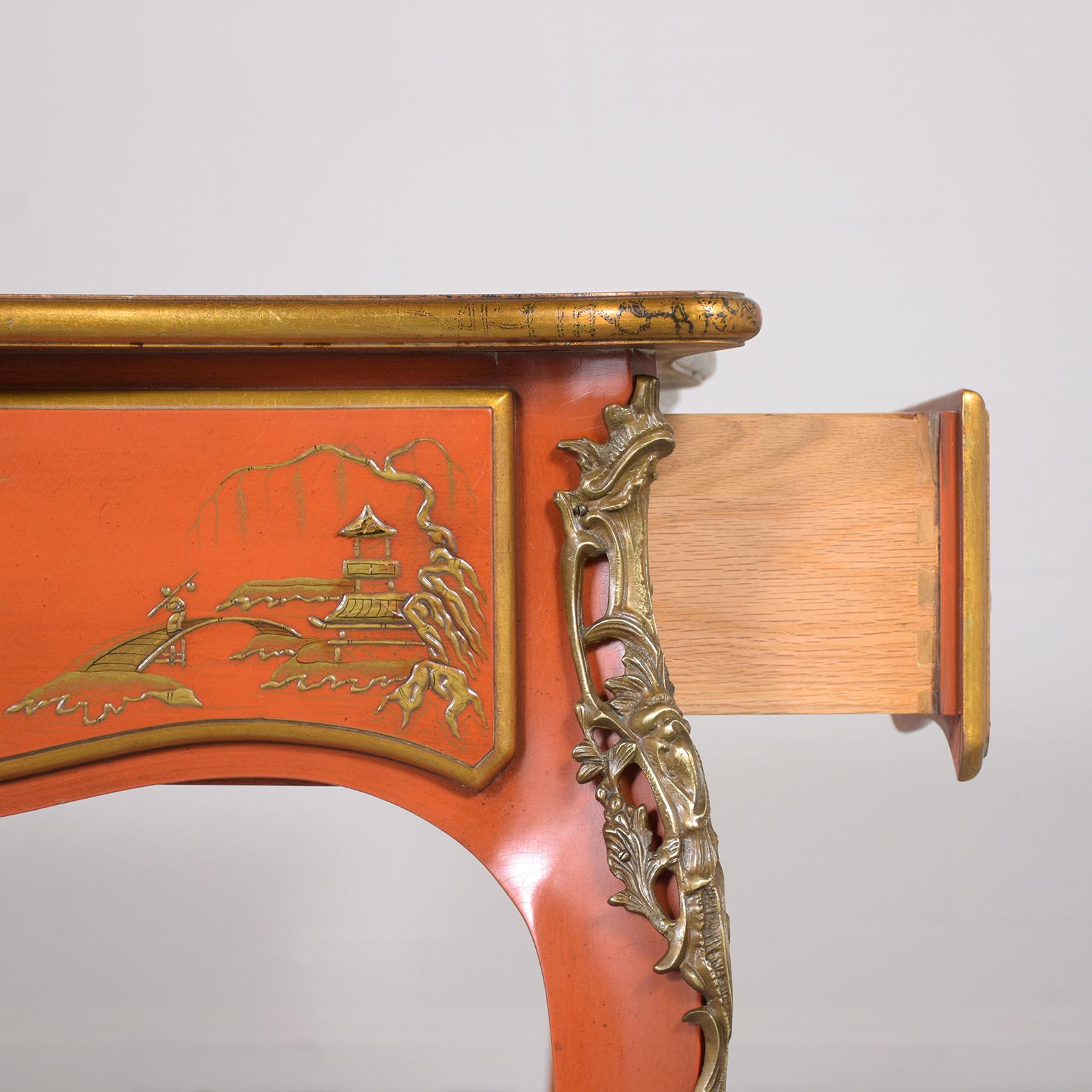 1970s Chinoiserie-Style Walnut Desk with Engraved Leather Top & Brass Accents For Sale 3