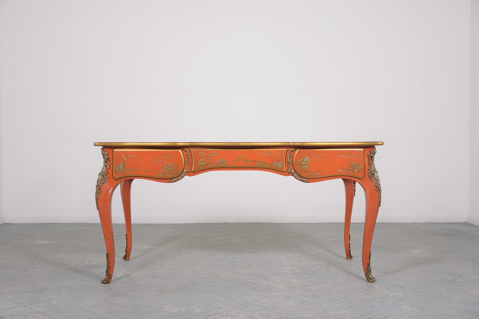 1970s Chinoiserie-Style Walnut Desk with Engraved Leather Top & Brass Accents For Sale 5
