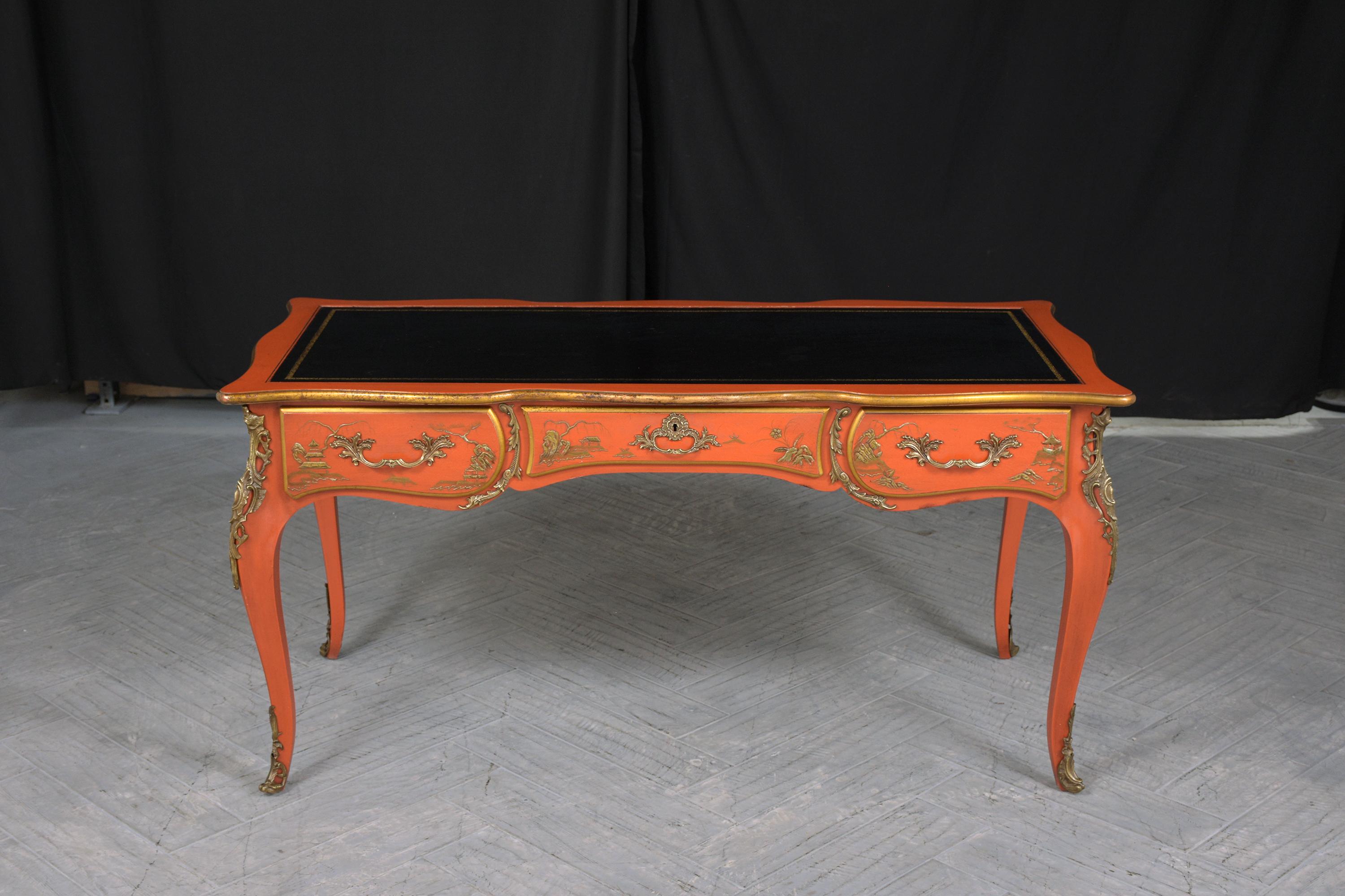 Immerse yourself in the world of French elegance with our vintage 1970s chinoiserie-style desk, a symbol of refined craftsmanship and artistic expression. Expertly handcrafted from premium walnut wood, this writing table has undergone a meticulous