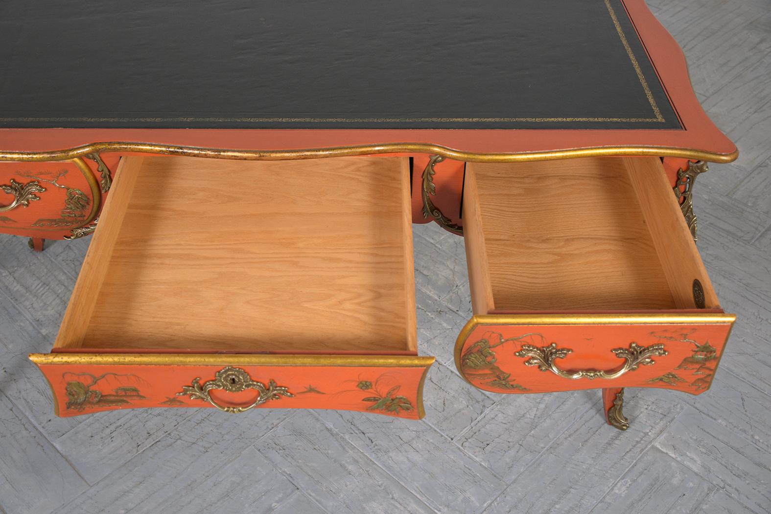 Carved 1970s Chinoiserie-Style Walnut Desk with Engraved Leather Top & Brass Accents For Sale