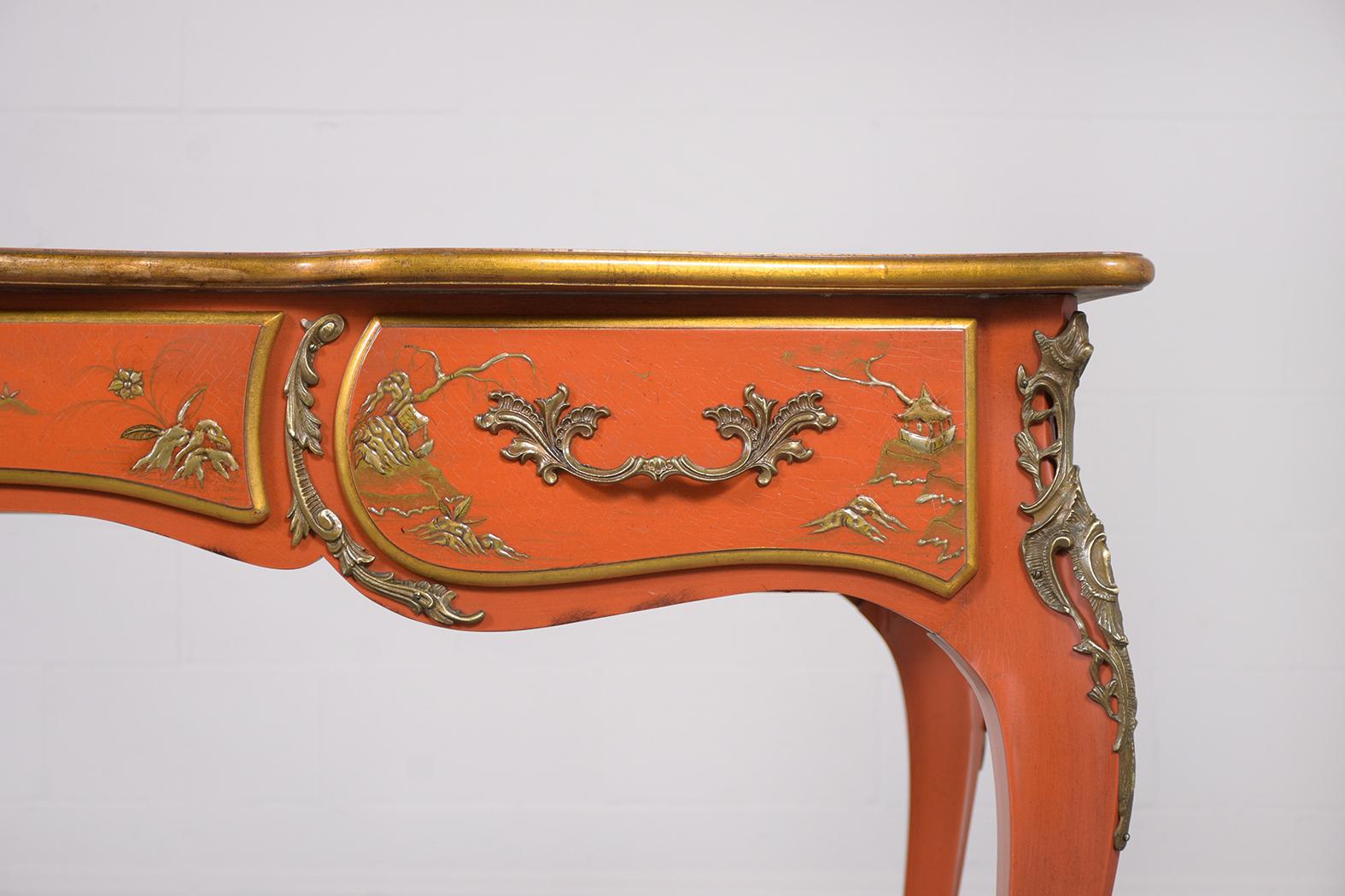 Late 20th Century 1970s Chinoiserie-Style Walnut Desk with Engraved Leather Top & Brass Accents For Sale
