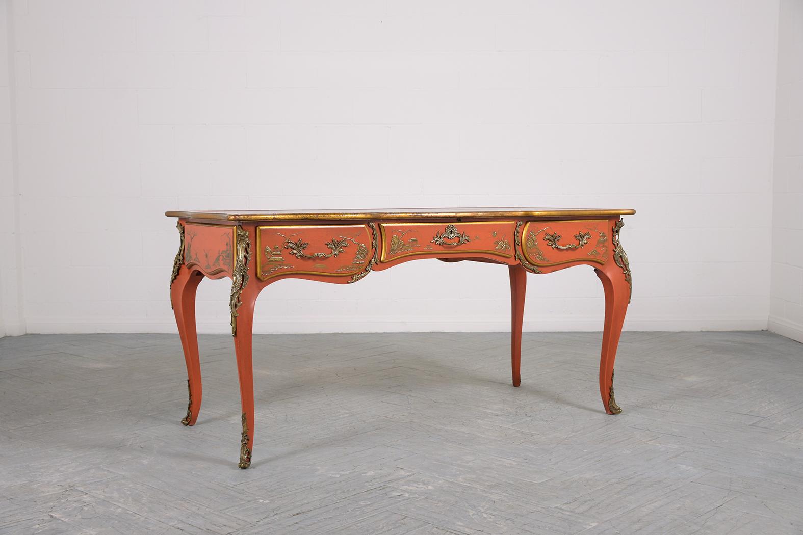 Paint 1970s Chinoiserie-Style Walnut Desk with Engraved Leather Top & Brass Accents For Sale