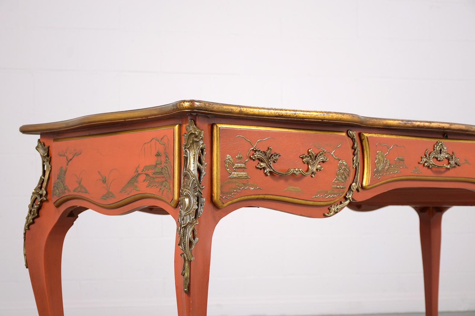 1970s Chinoiserie-Style Walnut Desk with Engraved Leather Top & Brass Accents For Sale 1