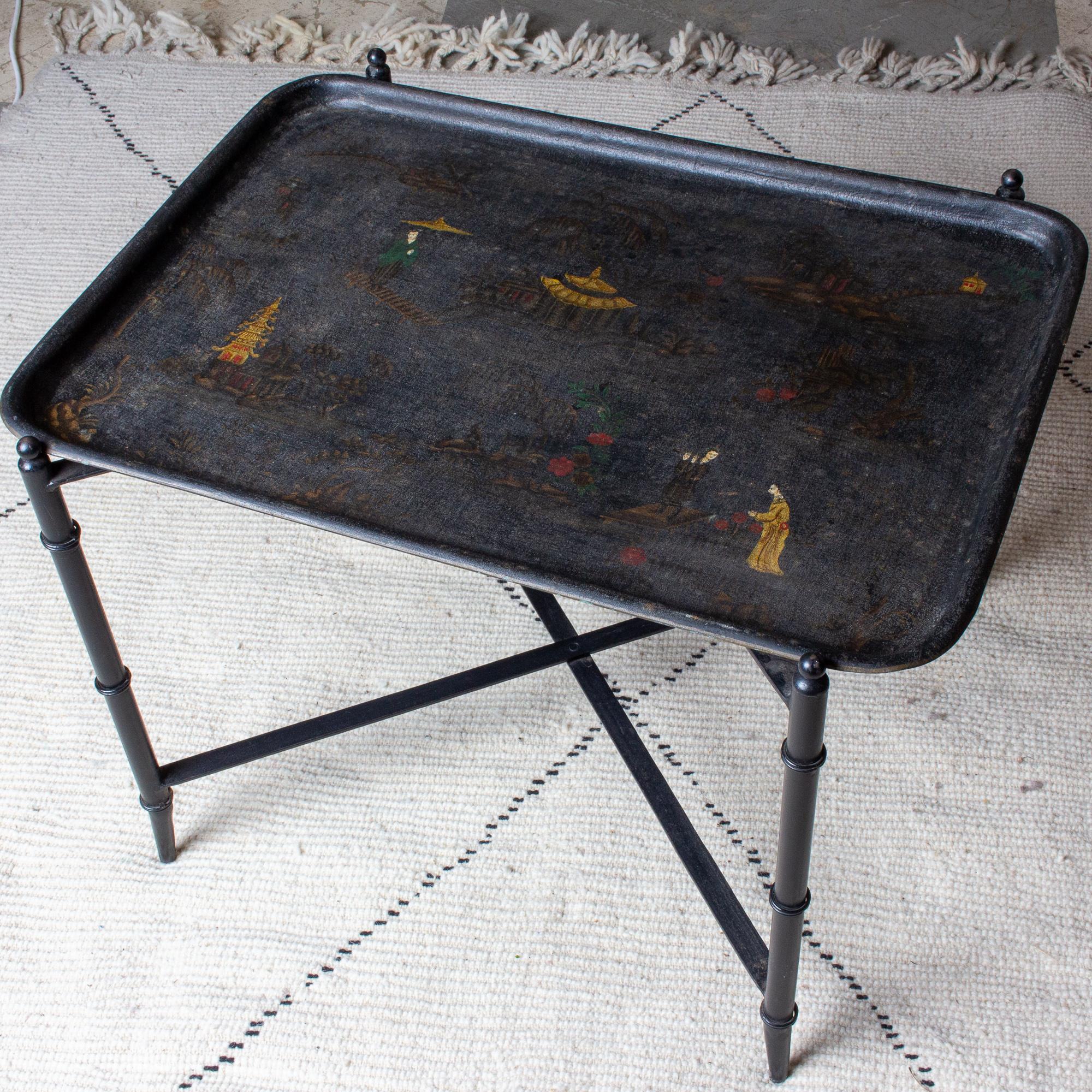Vintage French Chinoiserie Tray Table in Black and Gold 6