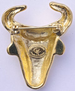Vintage French Christian Lacroix Gold Tone Bull Head Brooch Taurus