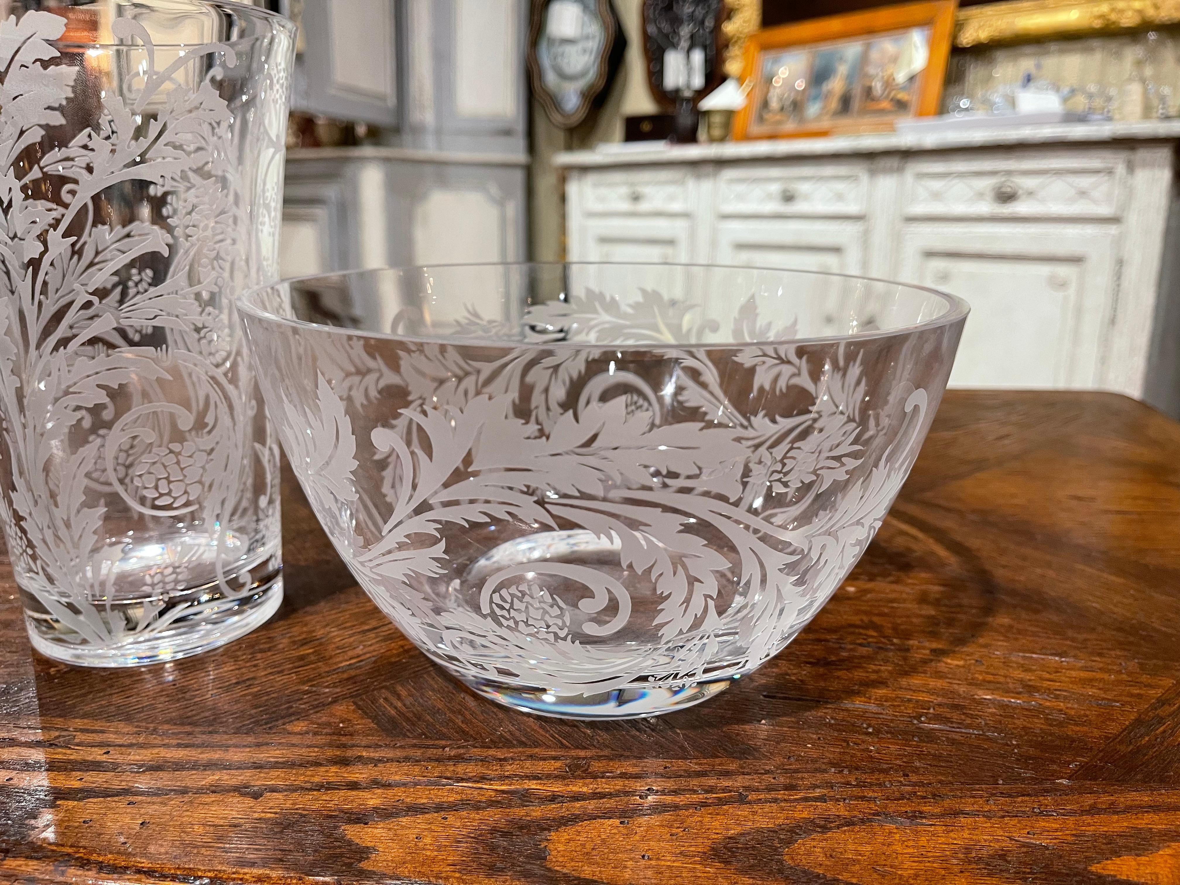 French Pair of Clear Cut and Frosted Glass Crystal Vase and Bowl with Vine Motifs