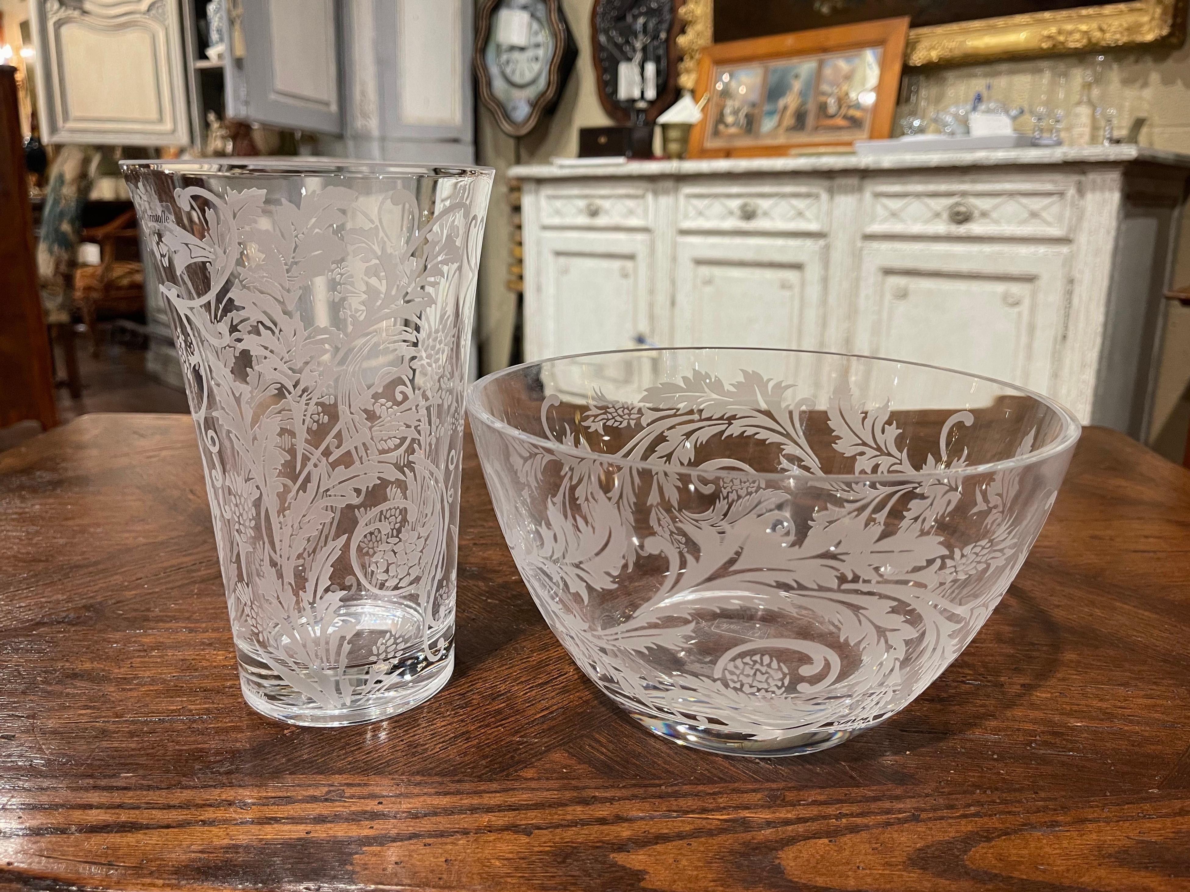Etched Pair of Clear Cut and Frosted Glass Crystal Vase and Bowl with Vine Motifs