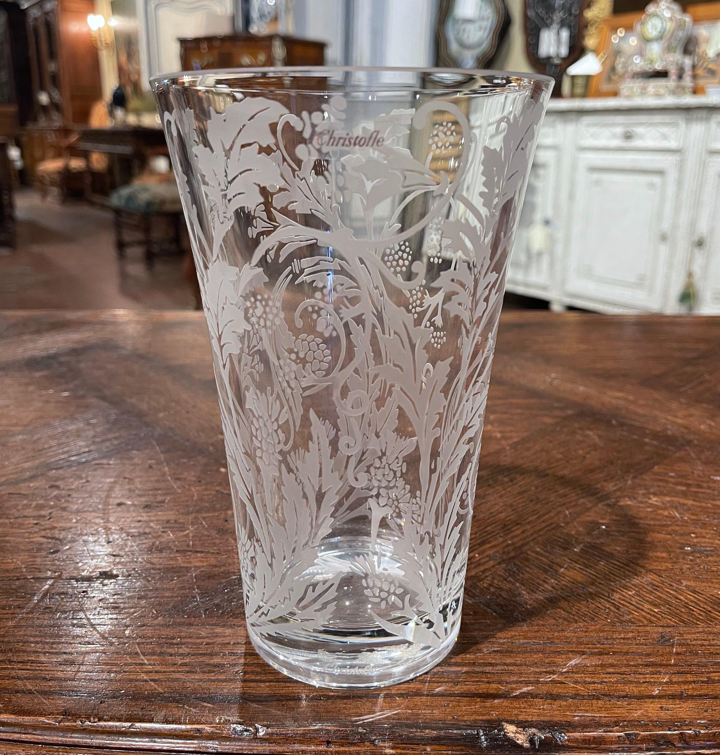 Pair of Clear Cut and Frosted Glass Crystal Vase and Bowl with Vine Motifs 1