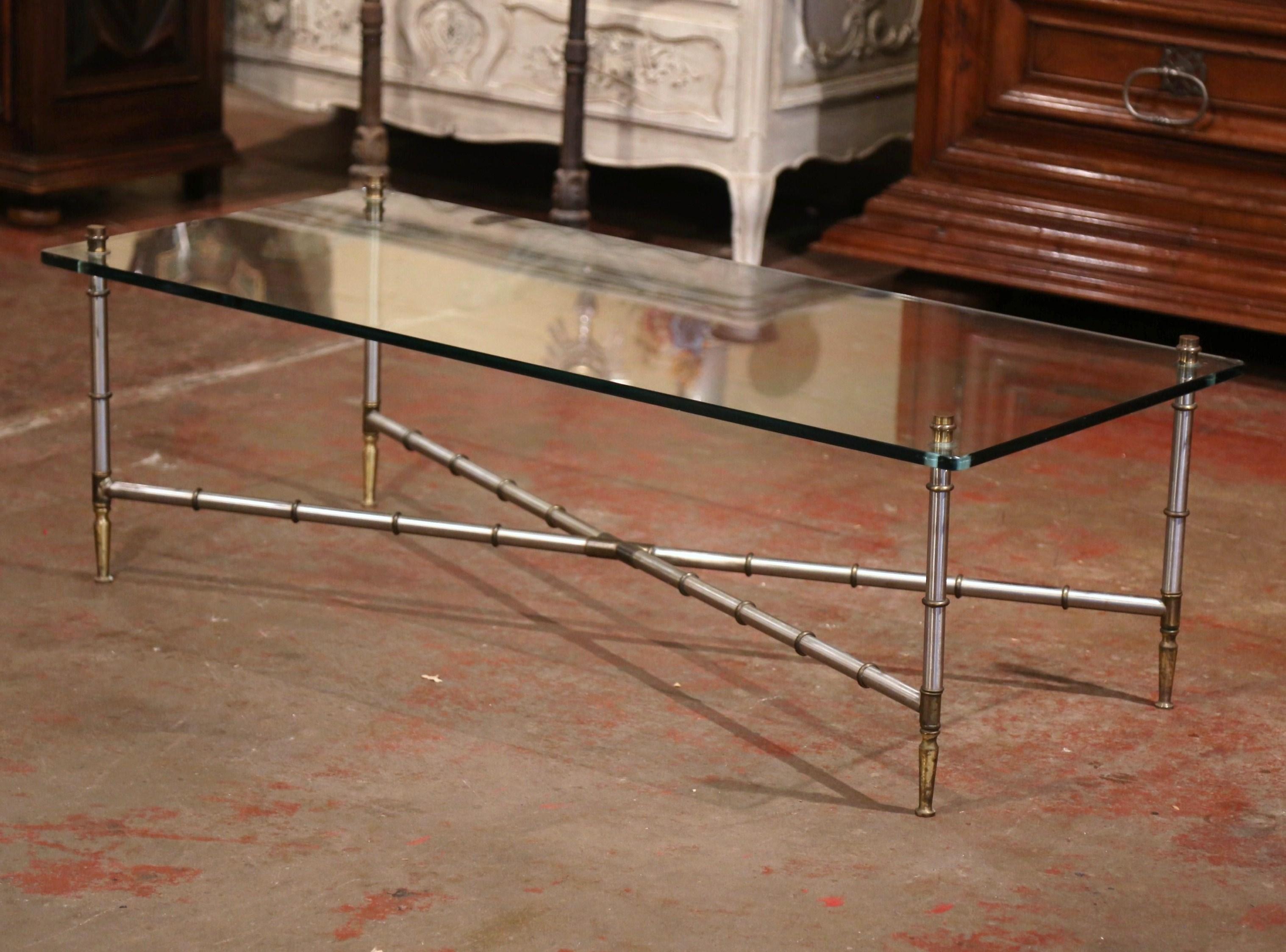 Hand-Crafted Vintage French Chrome and Glass Faux Bamboo Coffee Table from Maison Jansen