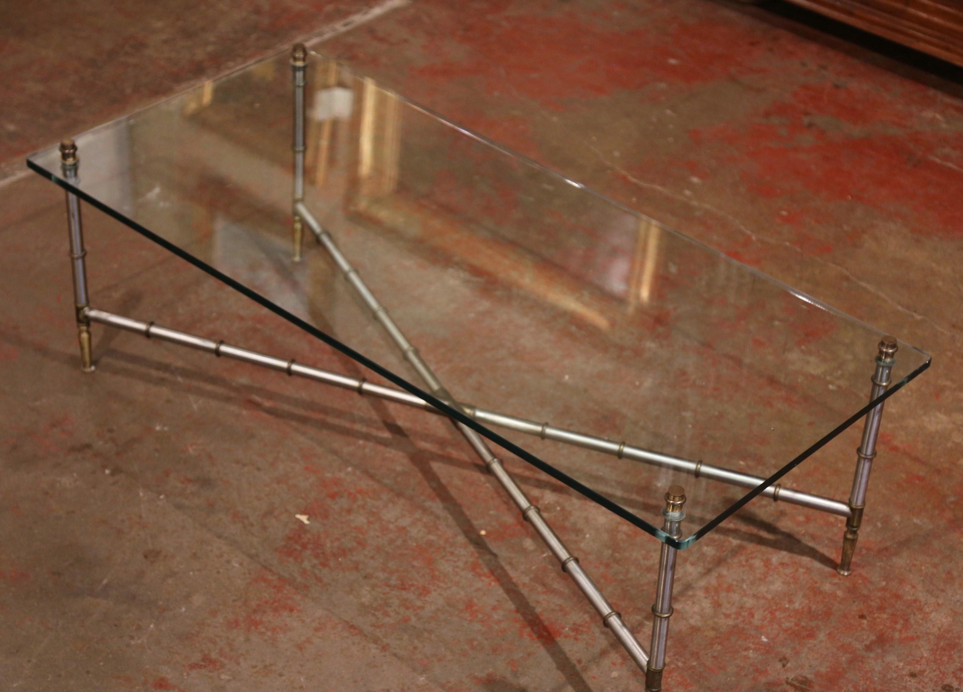 Vintage French Chrome and Glass Faux Bamboo Coffee Table from Maison Jansen In Excellent Condition In Dallas, TX