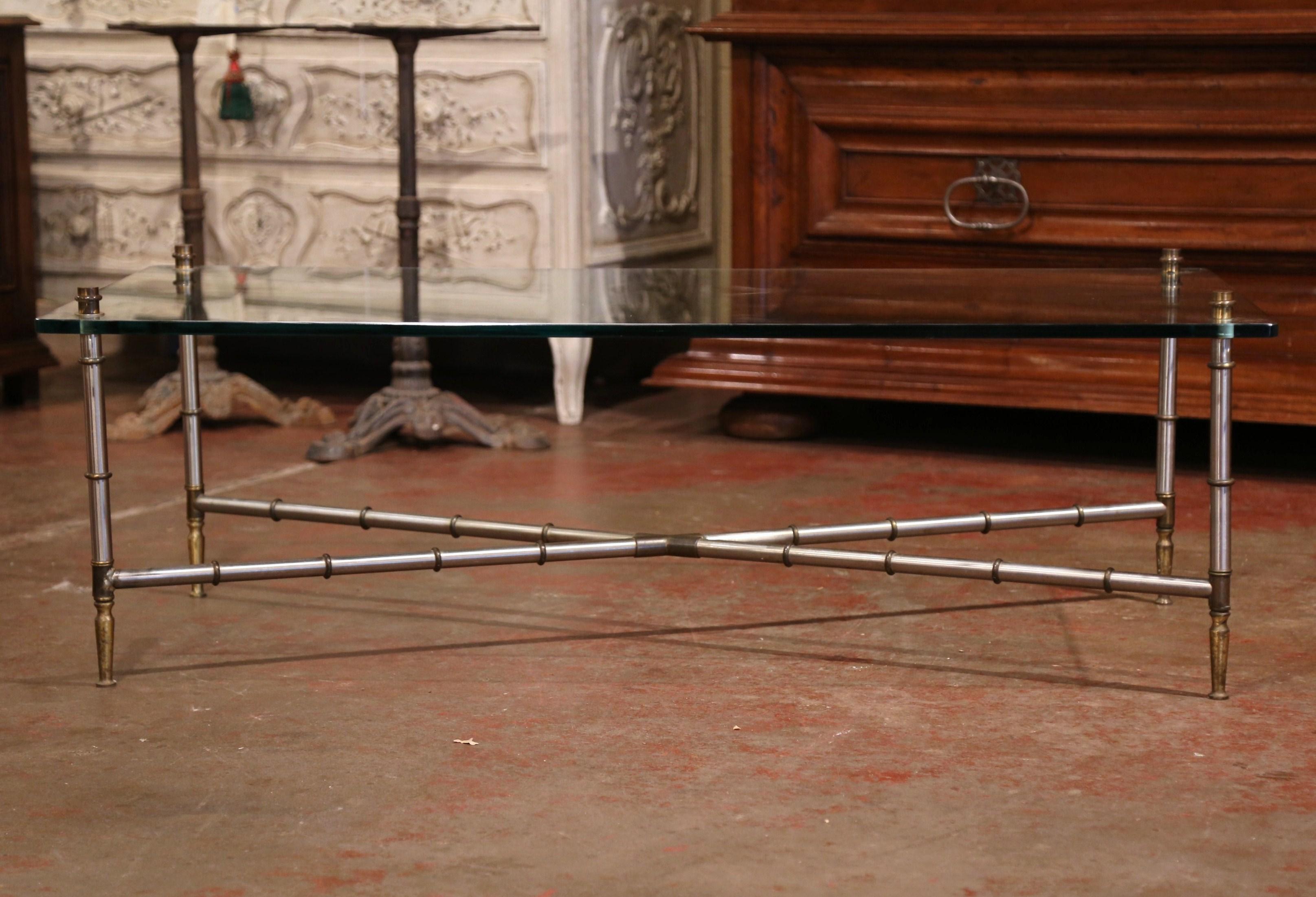 20th Century Vintage French Chrome and Glass Faux Bamboo Coffee Table from Maison Jansen