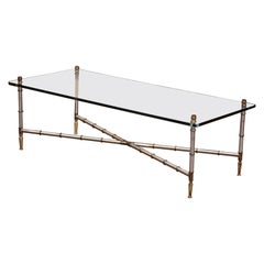 Vintage French Chrome and Glass Faux Bamboo Coffee Table from Maison Jansen