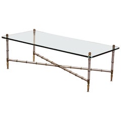Vintage French Chrome and Glass Faux Bamboo Coffee Table from Maison Jansen