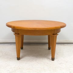Vintage French Circular Coffee Table in Oak on Tapered Legs with Brass Sabots