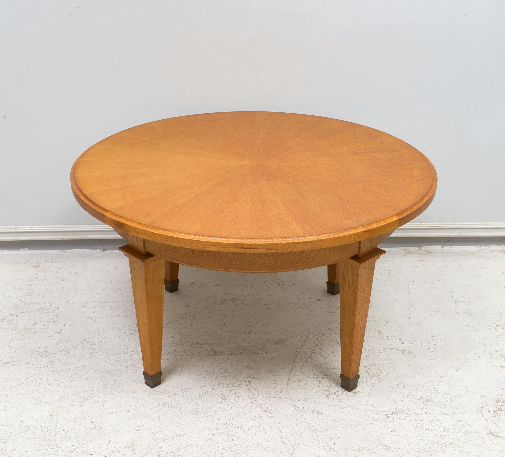 Cerused Vintage French Circular Coffee Table in Oak on Tapered Legs with Brass Sabots For Sale