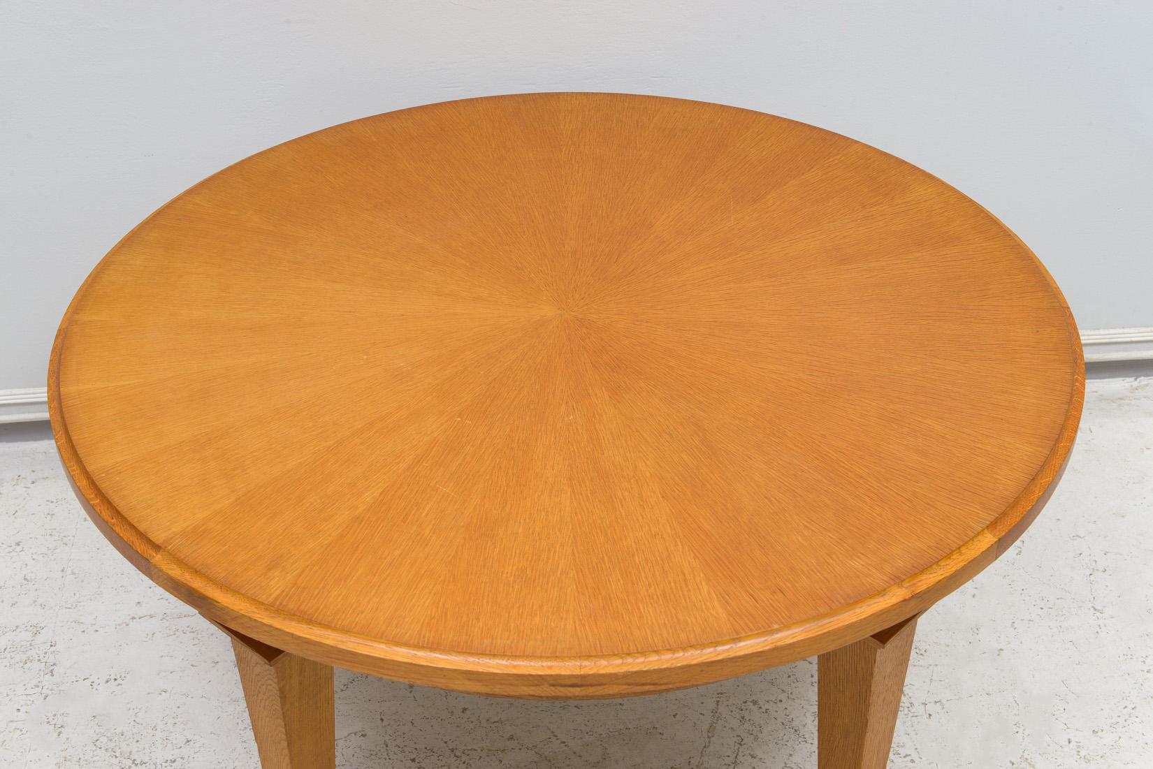 Vintage French Circular Coffee Table in Oak on Tapered Legs with Brass Sabots In Excellent Condition For Sale In New York, NY