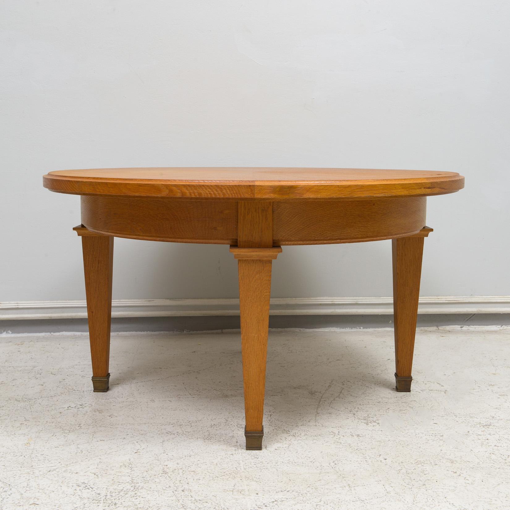 Vintage French Circular Coffee Table in Oak on Tapered Legs with Brass Sabots For Sale 2