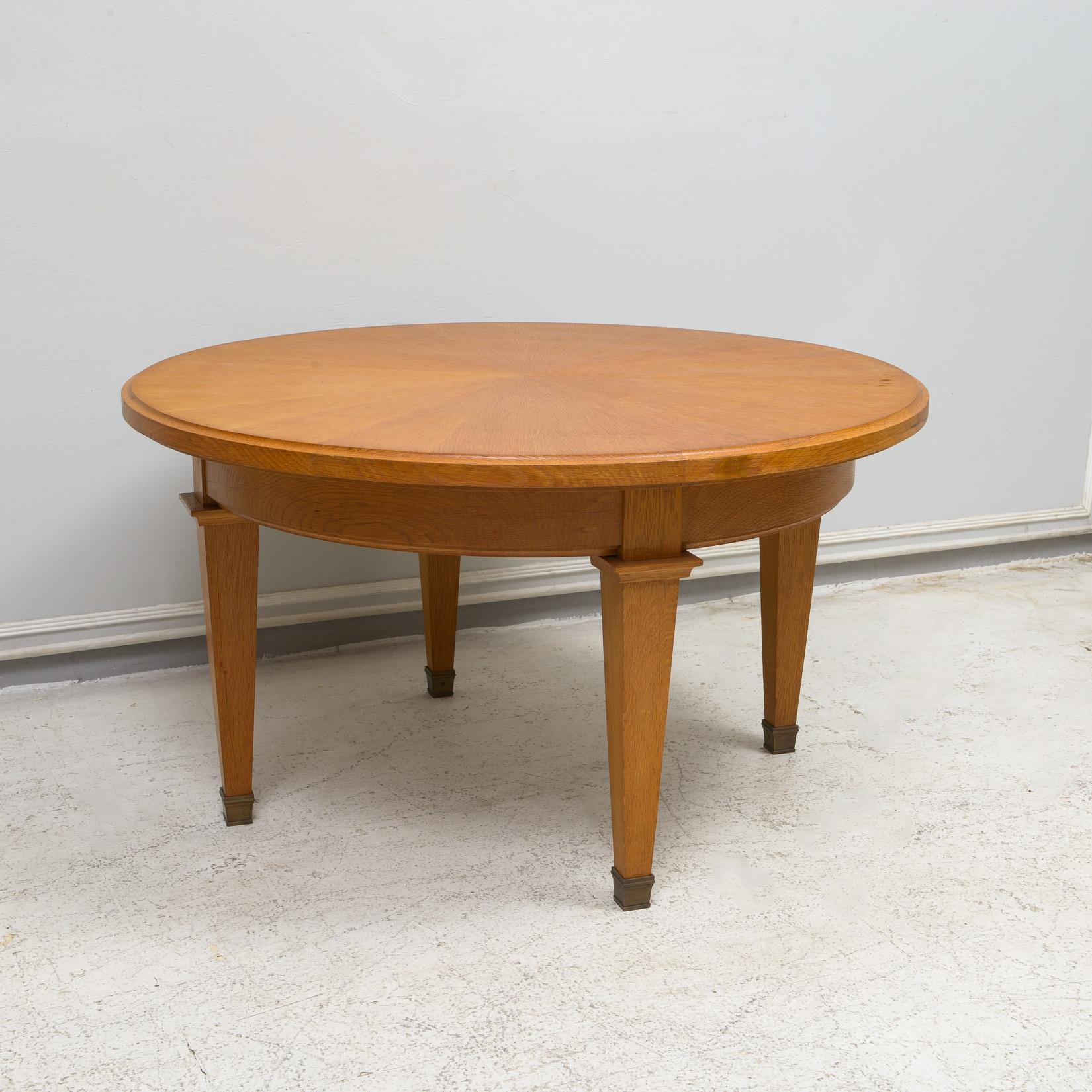 Vintage French Circular Coffee Table in Oak on Tapered Legs with Brass Sabots For Sale 3