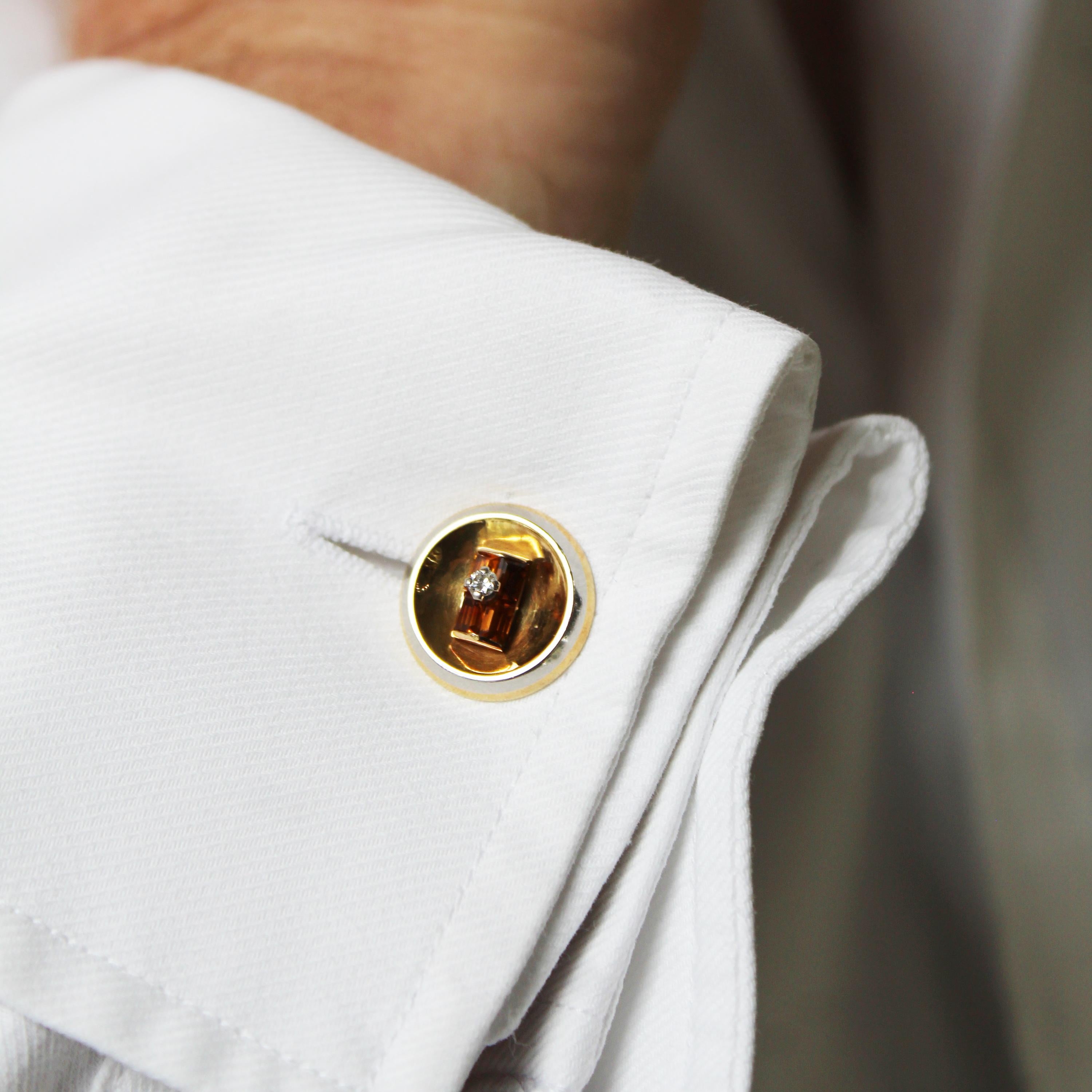 Vintage French Citrine Diamond Gold and Platinum Cufflinks, Circa 1960 In Good Condition For Sale In London, GB