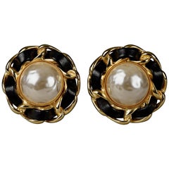 Vintage French Classic Pearl Leather Chain Earrings