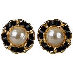 Vintage French Classic Pearl Leather Chain Earrings