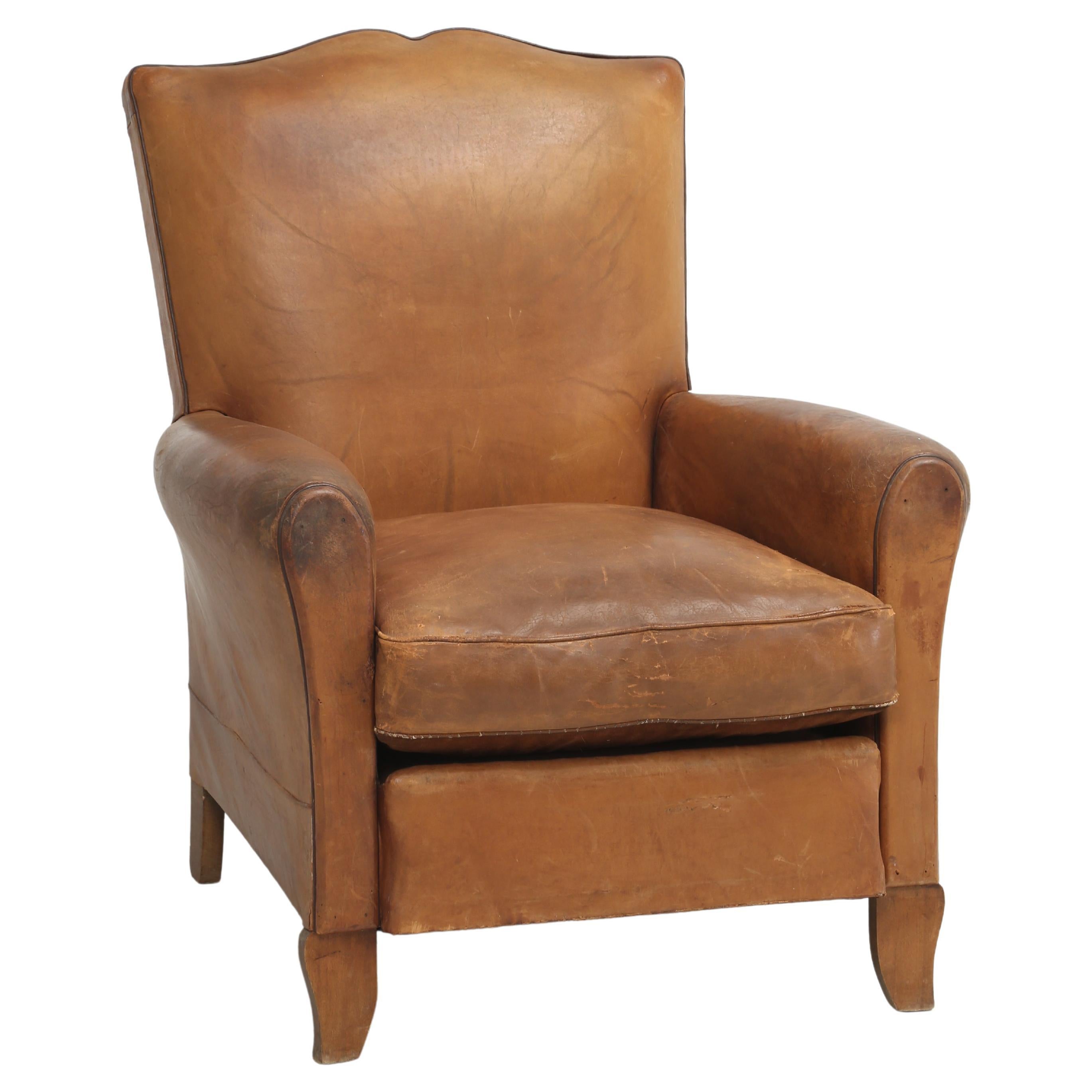 Vintage French Club Chair in All Original Leather Properly Internally Restored  For Sale