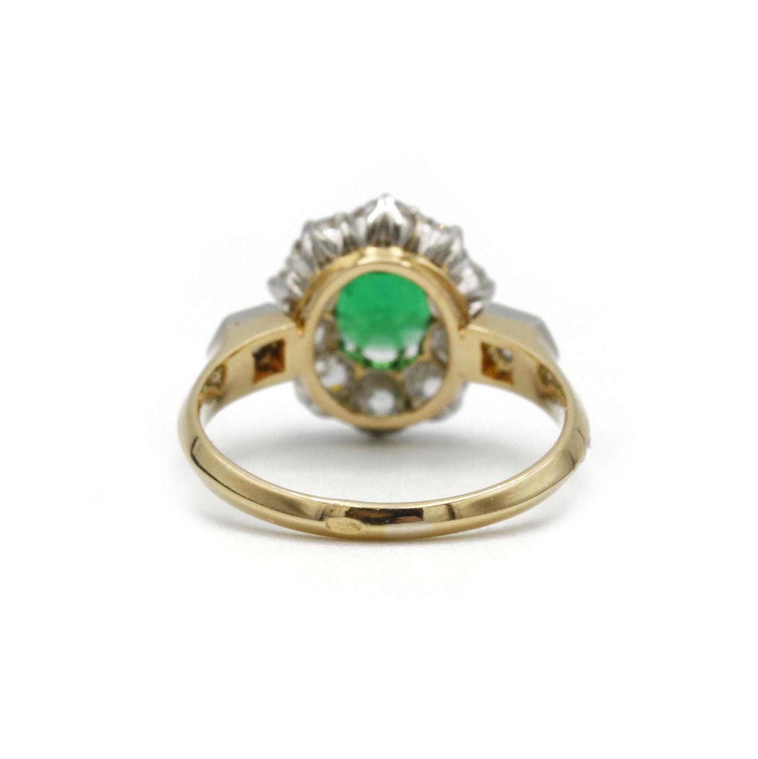 Edwardian Vintage French Cluster Ring in 18k Gold Platinum with Emerald & Old Cut Diamonds For Sale