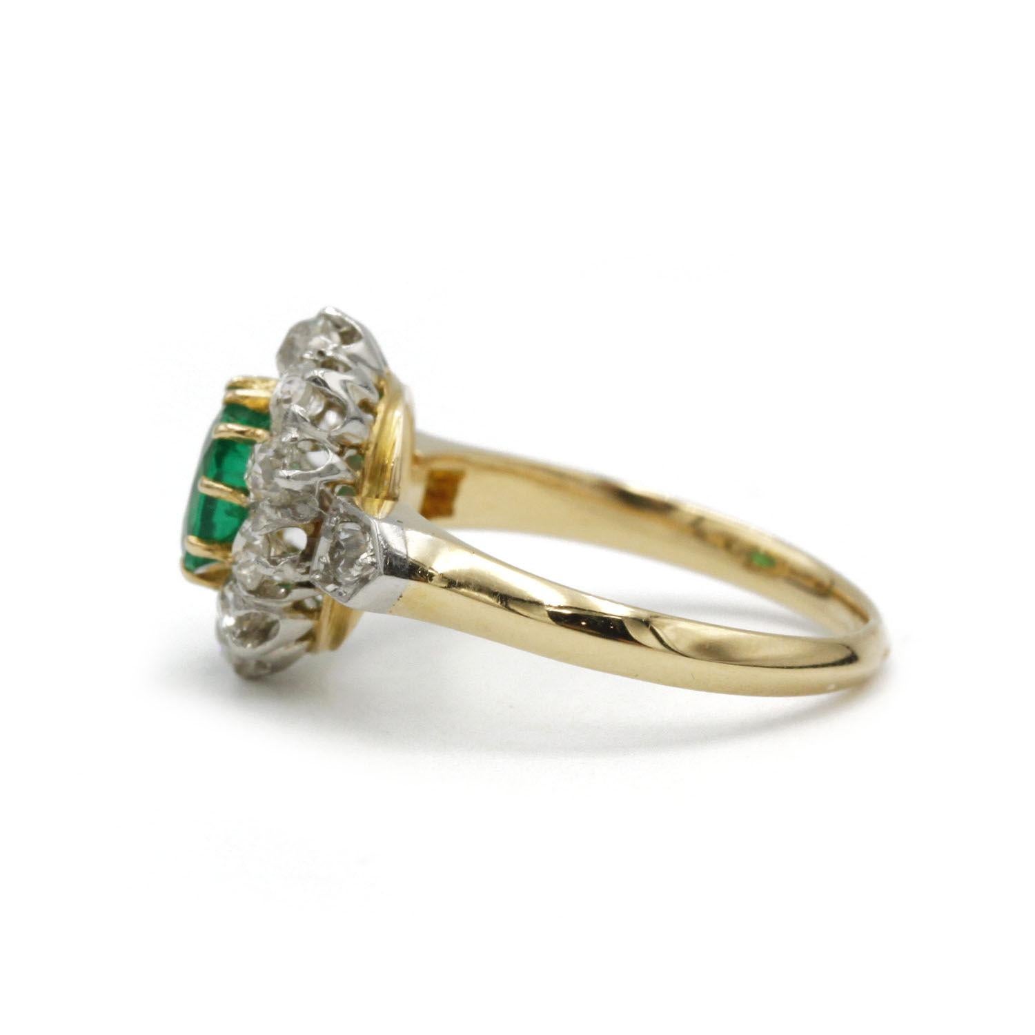 Antique Cushion Cut Vintage French Cluster Ring in 18k Gold Platinum with Emerald & Old Cut Diamonds For Sale