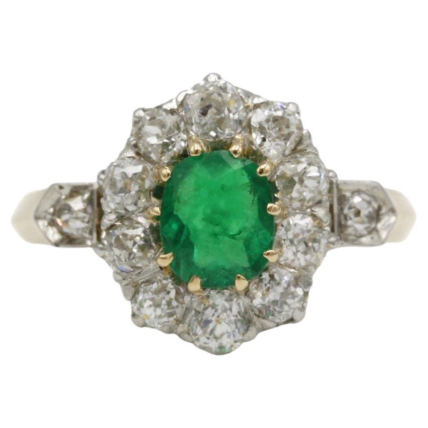 Vintage French Cluster Ring in 18k Gold Platinum with Emerald & Old Cut Diamonds For Sale