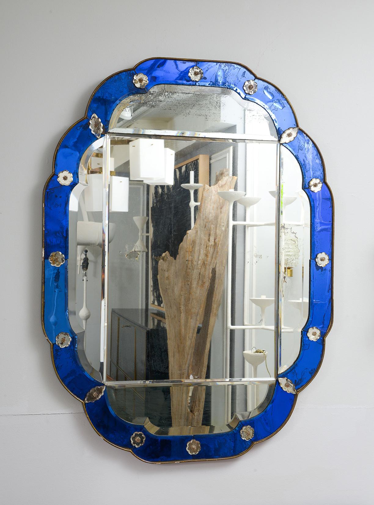 Vintage French cobalt blue mirror.