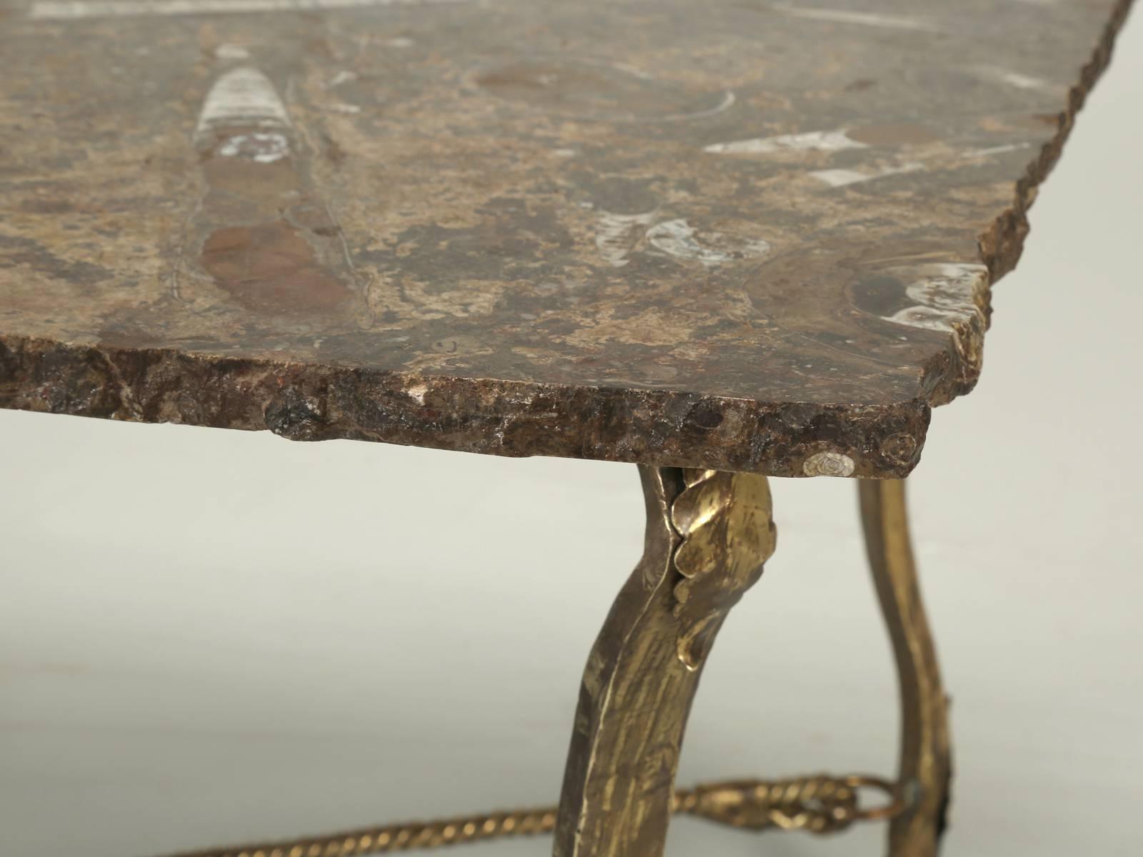 Mid-20th Century French Coffee Table Fossil Stone with Gilded Hoof Feet  and Twisted Rope Base